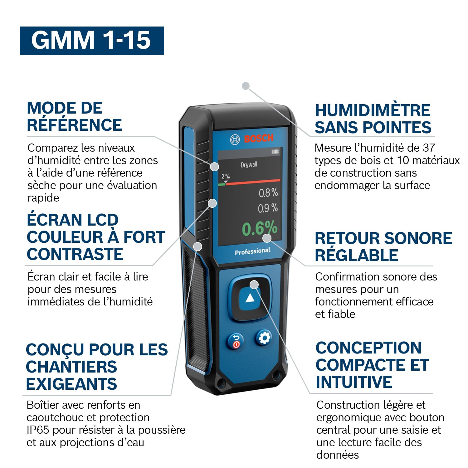 Humidimètre GMM 1-15 Bosch Professional à broches (non invasif, mesure 37 essences de bois et 10 matériaux de construction, indice de protection IP65, 2 piles AA, housse)