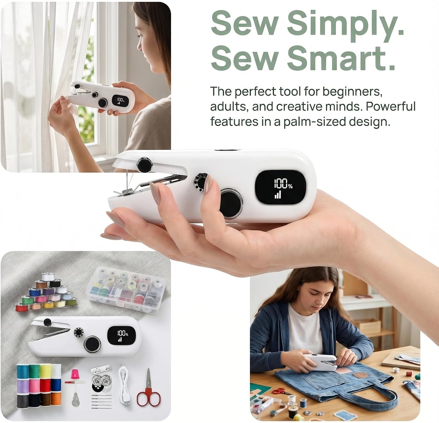Handheld Sewing Machine, Portable Mini Sewing Machine with LCD Display, USB Rechargeable, 3-Speed Stitcher for Beginners, Fabric Repair, Home Kit, White