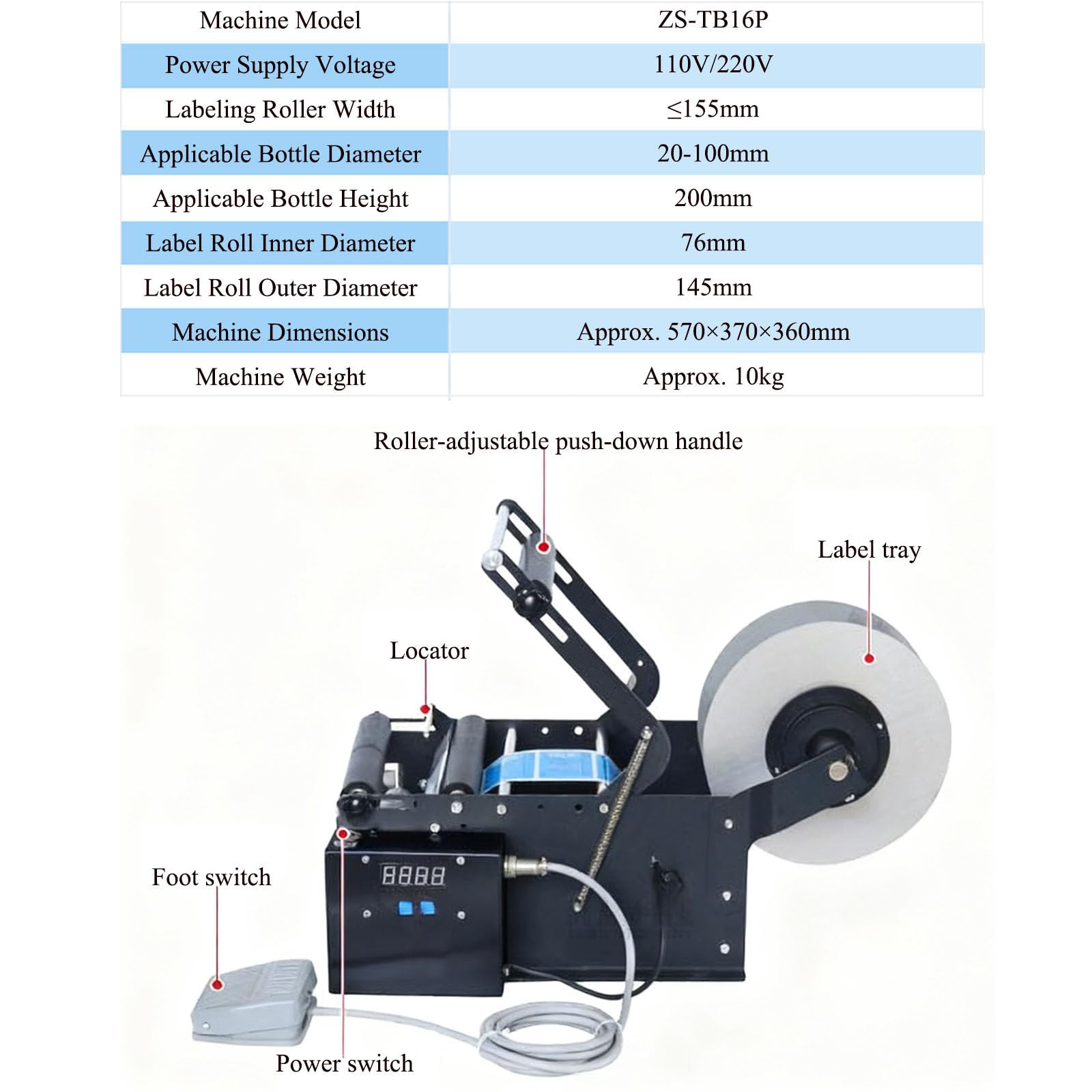 ZS-TB16P Etichettatrice Manuale per Bottiglie Rotonde,Semiautomatica Applicatore di Etichette con Maniglia,Facile da Usare,20-40 Pezzi/Min,per Vetro,Plastica E Metallo