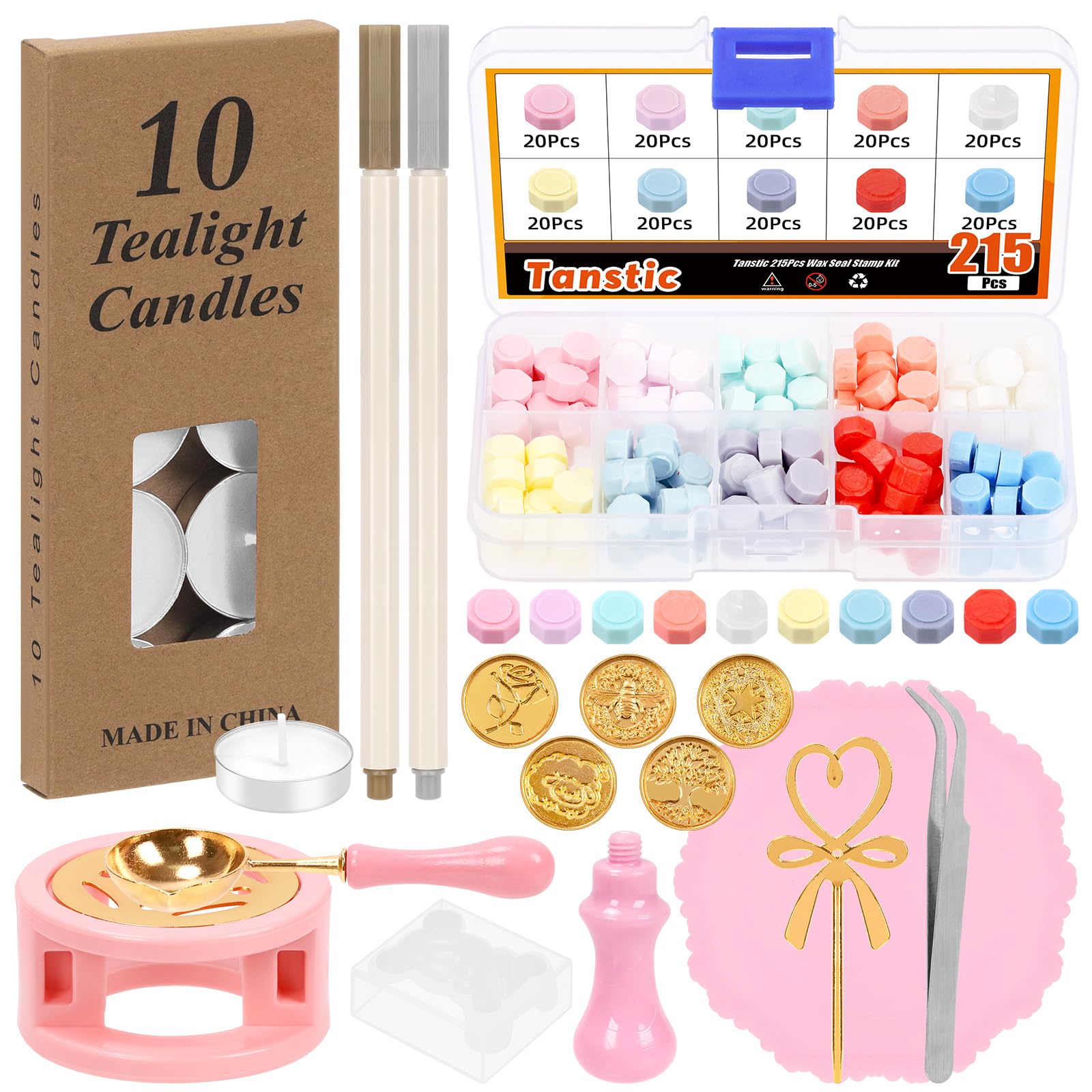 Kit Timbro Sigillo di Cera, Timbro Sigillante, 1 Bottiglia di Perline di Cera, Cucchiaio Fusione, Scaldacera, 10 Candele da Tè, Ceralacca Kit per Inviti di Nozze Confezione Regalo Cartoline(Marrone