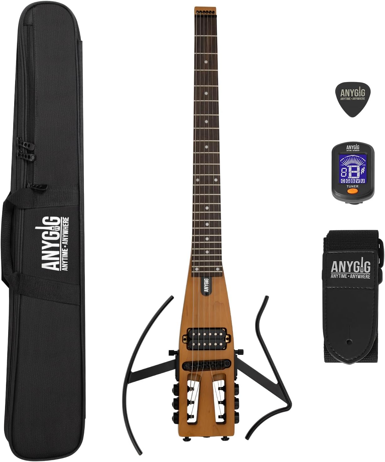 Anygig Travel Electric Guitar Headless – Portable Ultra-Light and Quiet, Full-Scale 25.5” Rosewood Fingerboard, glow humbucker, Gig Bag, Removable Stands include all Accessories Brown