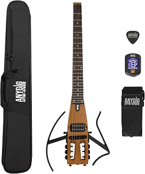 Anygig Travel Electric Guitar Headless Portable Ultra-Light and Quiet, Full-Scale 25.5 Rosewood Fingerboard, glow humbucker, Gig Bag, Removable Stands include all Accessories Brown