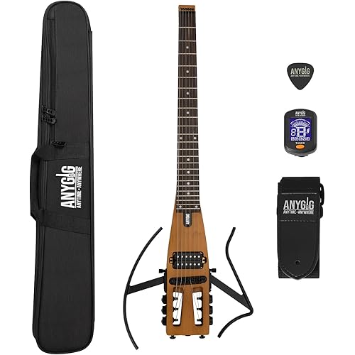 Anygig Travel Electric Guitar Headless – Portable Ultra-Light and Quiet, Full-Scale 25.5” Rosewood Fingerboard, glow humbucker, Gig Bag, Removable Stands include all Accessories Brown