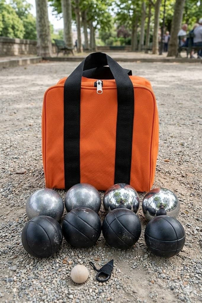 BuyBocceBalls Listing - 73mm Metal Bocce/Petanque Set with 4 Black and 4 Grind Sand Balls and Heavy Duty Orange Nylon Bag - Single