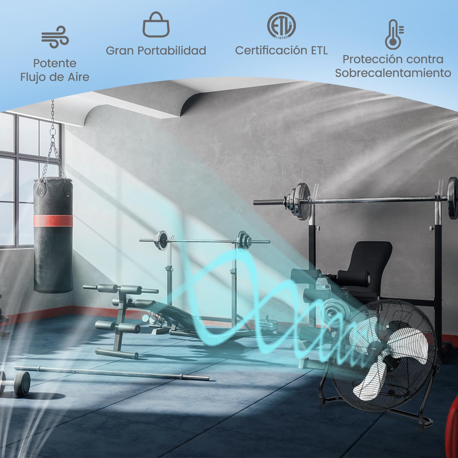 RELAX4LIFE Ventilador de Suelo Industrial Φ60cm con 3 Velocidades y Inclinación Ajustable, Ventilador Potente de Aluminio con Asa, Rejilla Segura y Patas Antideslizantes (62x60x20cm)
