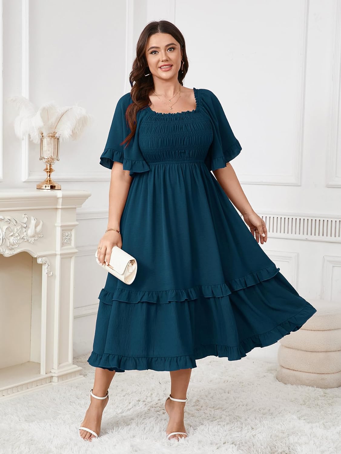 SCOMCHIC Women's Plus Size Maxi Dresses Summer Short Sleeve Square Neck Smocked Wedding Guest Cocktail Boho Long Dress - Image 7