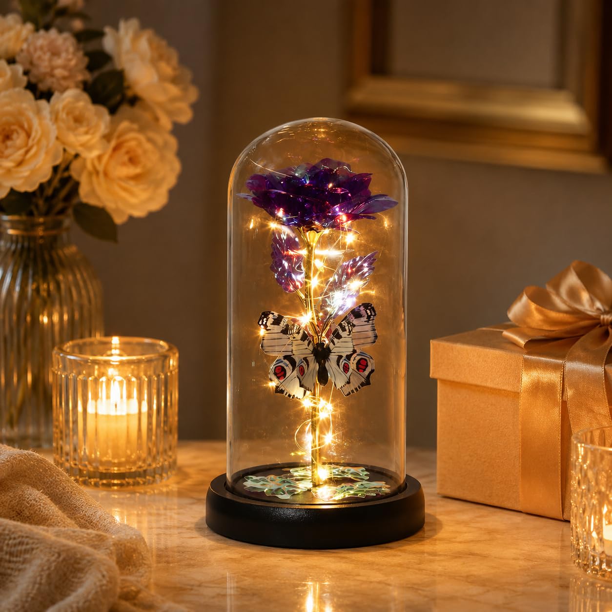 Drawelry Preserved Flower Rose Glass Dome with LED Light, Simulated Rose Luminous Butterfly Glass Cover, Birthday Wedding Gift for Women Girlfriend (Purple)