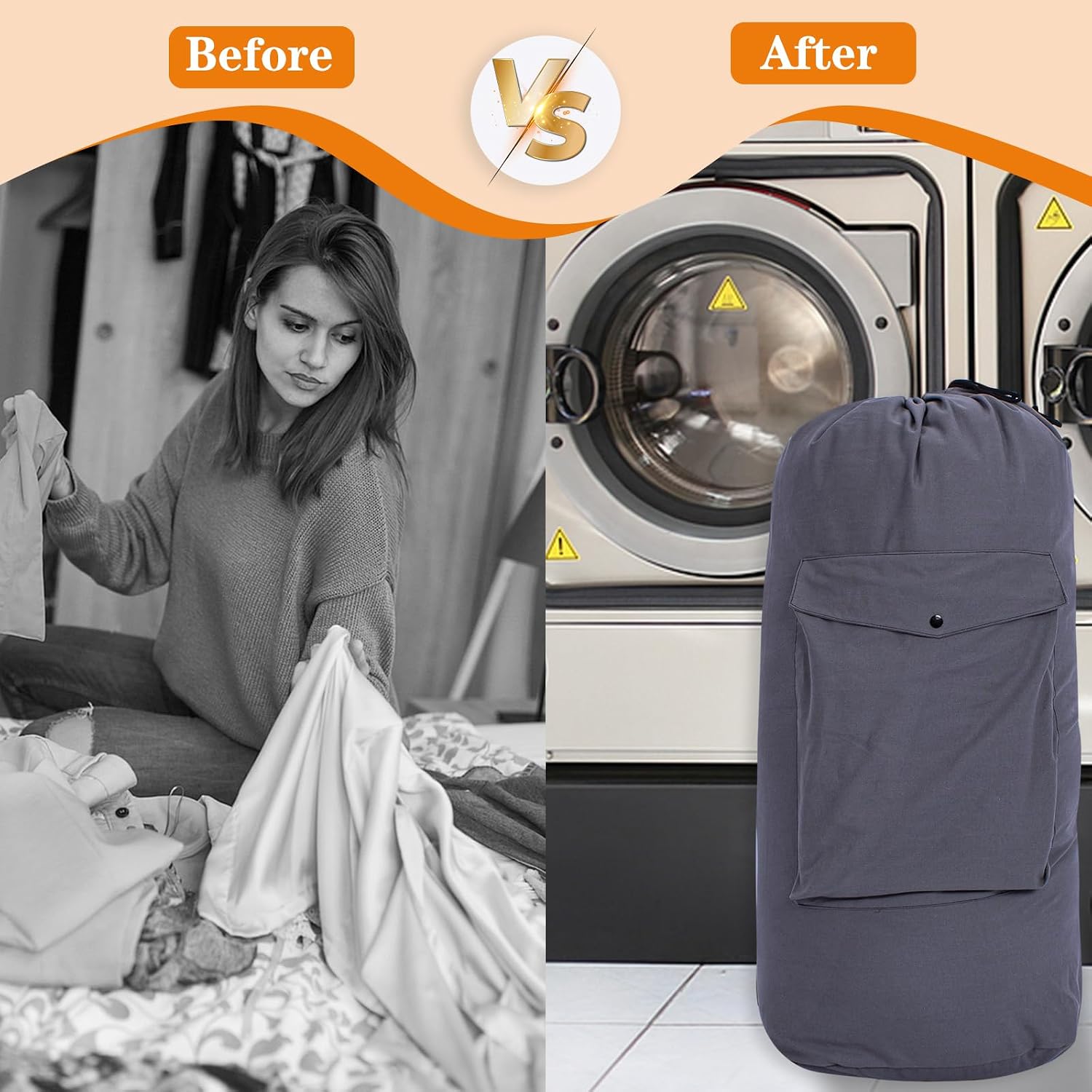 Canvas Backpack Laundry Bag Shoulder Strap and Pockets, Durable Washable Laundry Bag with Drawstring Closure for Travel Dorm Apartment image 5