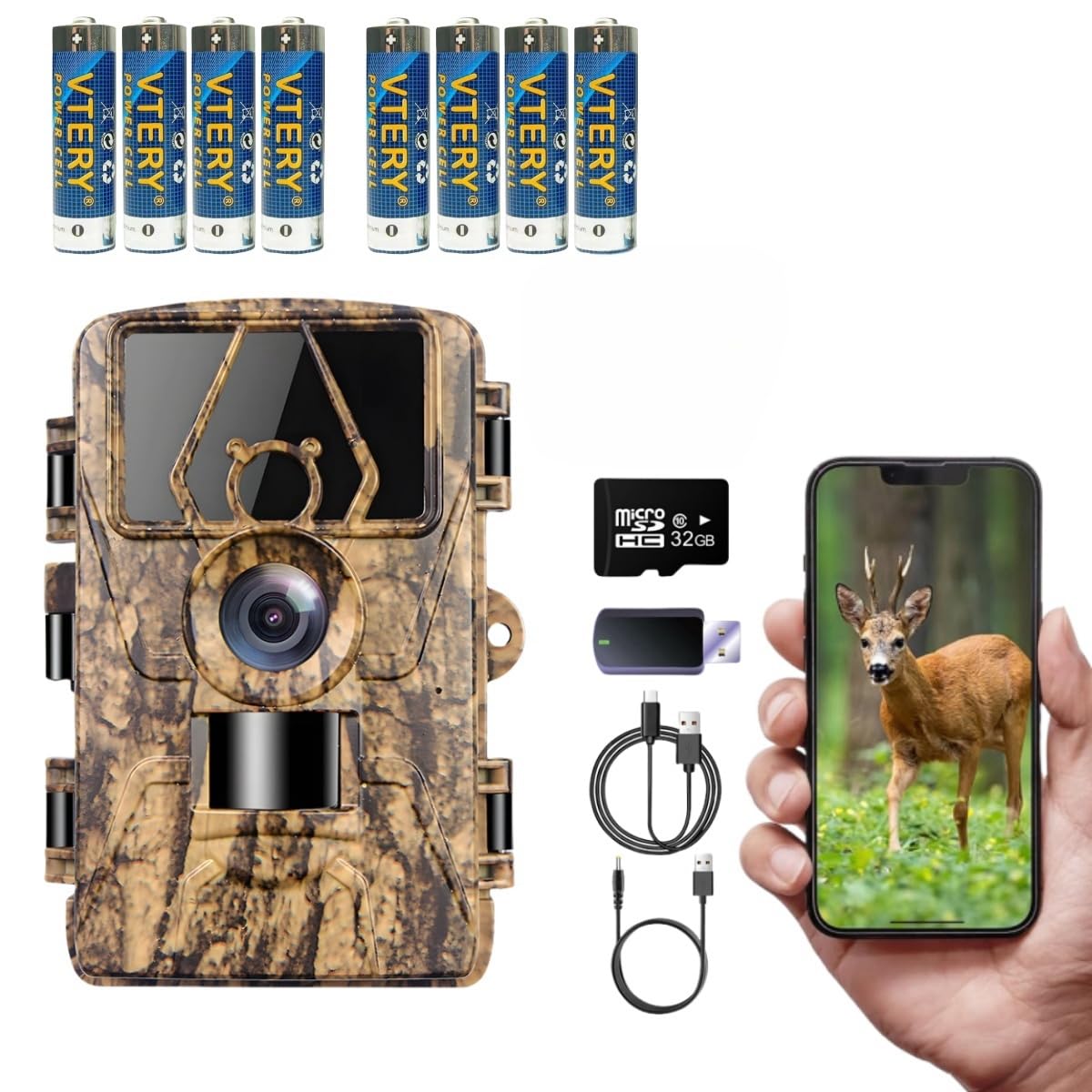 Caméra de chasse Wi-Fi 8 K 60 MP avec carte mémoire 32 Go, caméra pour animaux sauvages avec vision nocturne, déclencheur de 0,05 s, activé par mouvement, étanche IP67, 30 m, grand angle de 130