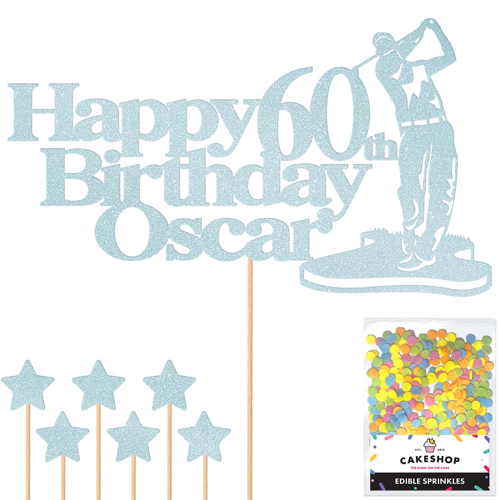 Personalised Golf Golfer Glitter Cake Topper - Light Blue Custom Age & Name Glitter Cake Decoration and Sprinkles - Happy Birthday Decorations - Personalised Toppers for Cakes by Cakeshop โ image 1
