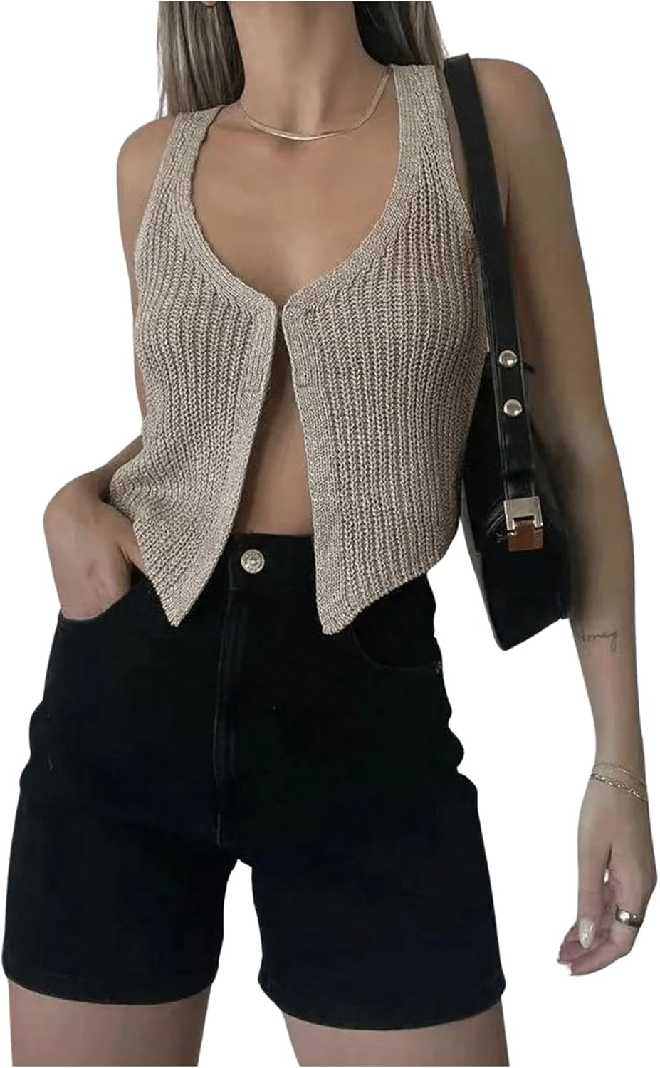 Women's Knit Vest Top V Neck Crochet Sleeveless Open Front