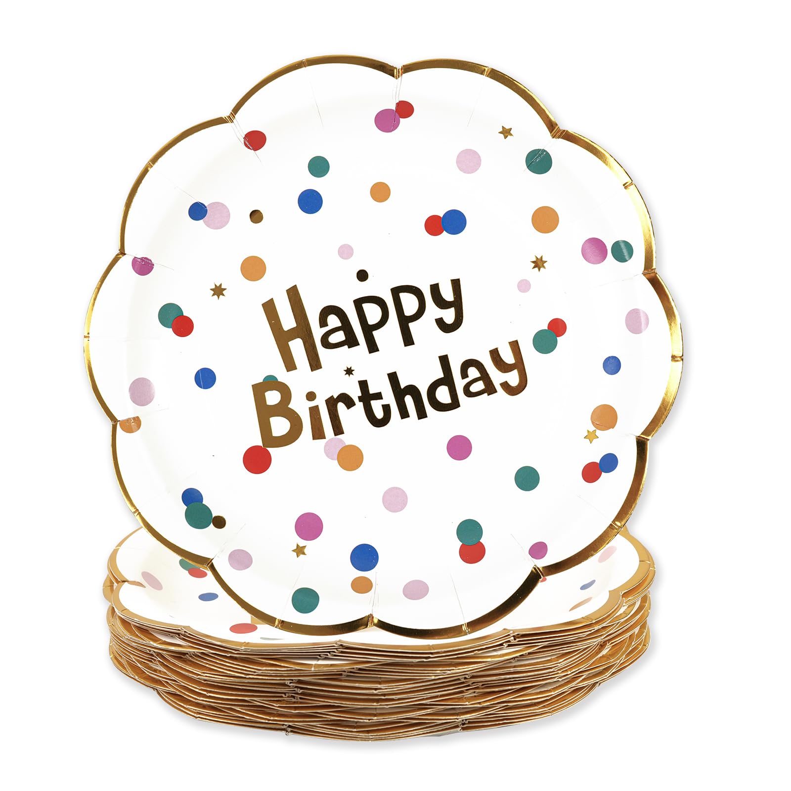 PUEVENYI 50PCS Happy Birthday Paper Plates - White and Gold Scalloped Plates 7Inch Dessert Plate for Cake Salad Pizza,Disposable Decoration Supplies