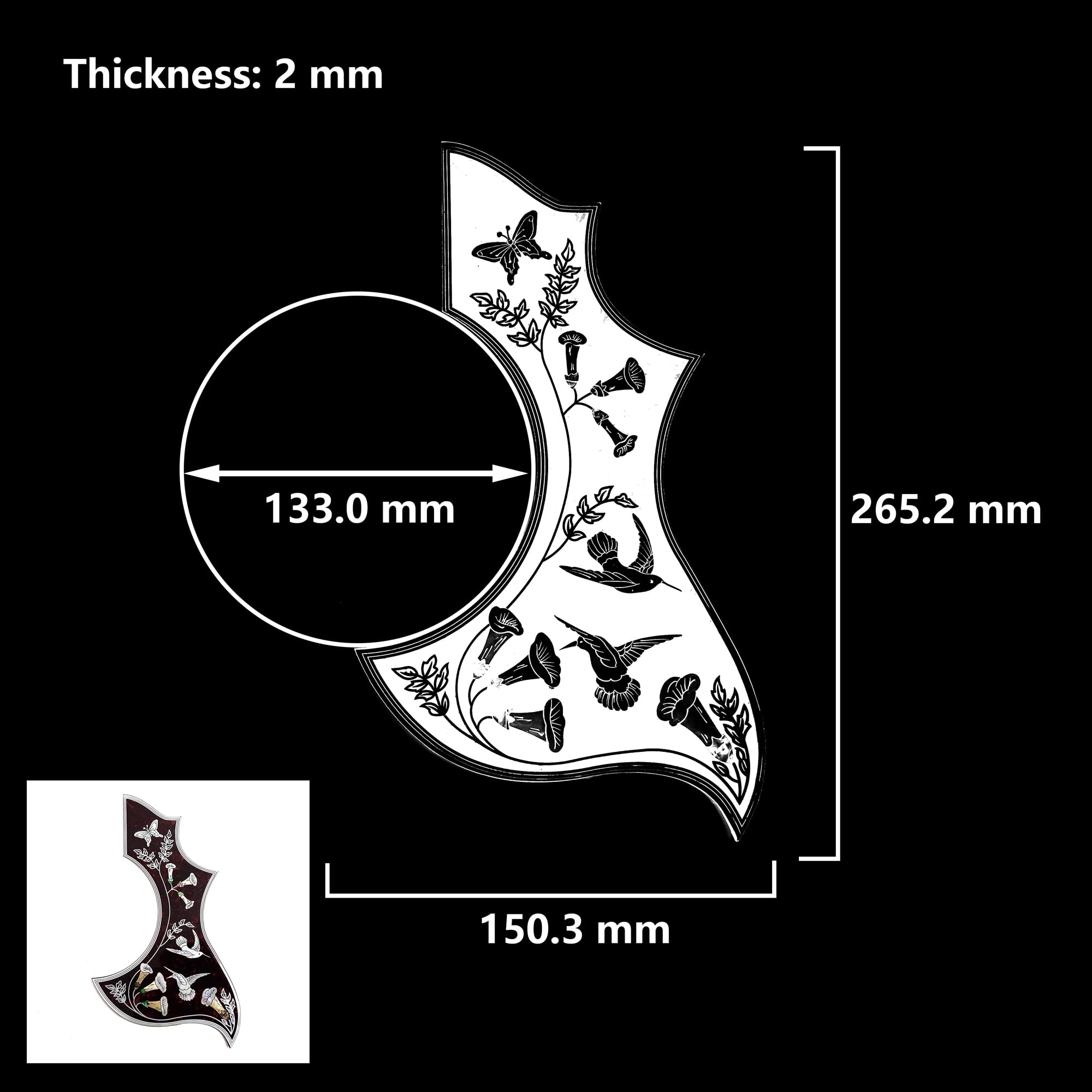Handmade Abalone Shell Pickguard for Gibson Hummingbird, 2MM Thick Inlay Scratch Plate, Self-Adhesive, Universal Fit for 43 Inch Acoustic Guitars