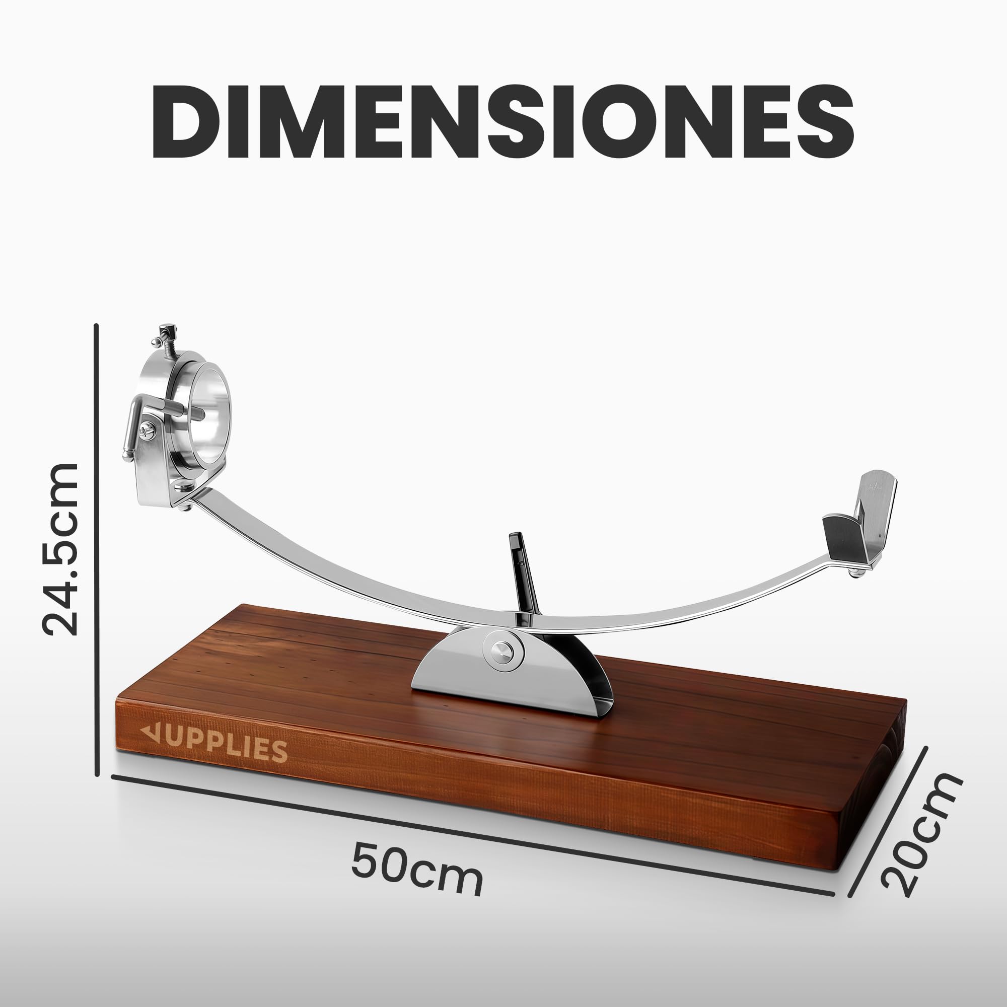 JUPPLIES Jamonero Acero Inoxidable con Base de Bambú + Cuchillo 240mm + Afilador y Cubre Jamón | Soporte Jamonero Vertical Basculante, Rotatorio y Antideslizante | Tabla de Jamón Profesional