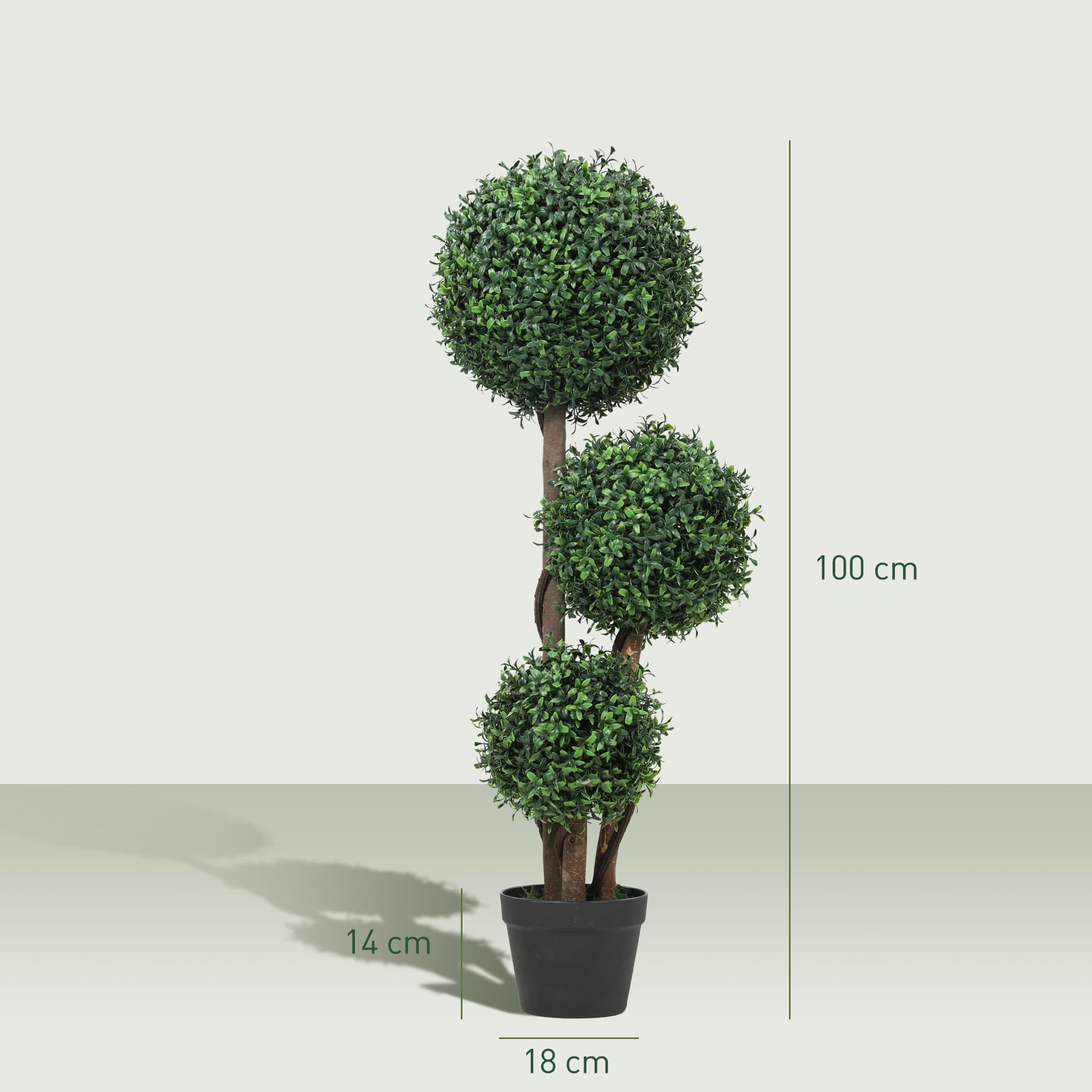 HOMCOM Künstliche Buchsbaumkugel groß 100cm dreikugelig Kunstpflanze mit UV-Schutz, Plastik Künstliche Pflanze mit Holzstamm im Topf, Fake Plant wie echt für Wohnzimmer Schlafzimmer Büro Garten