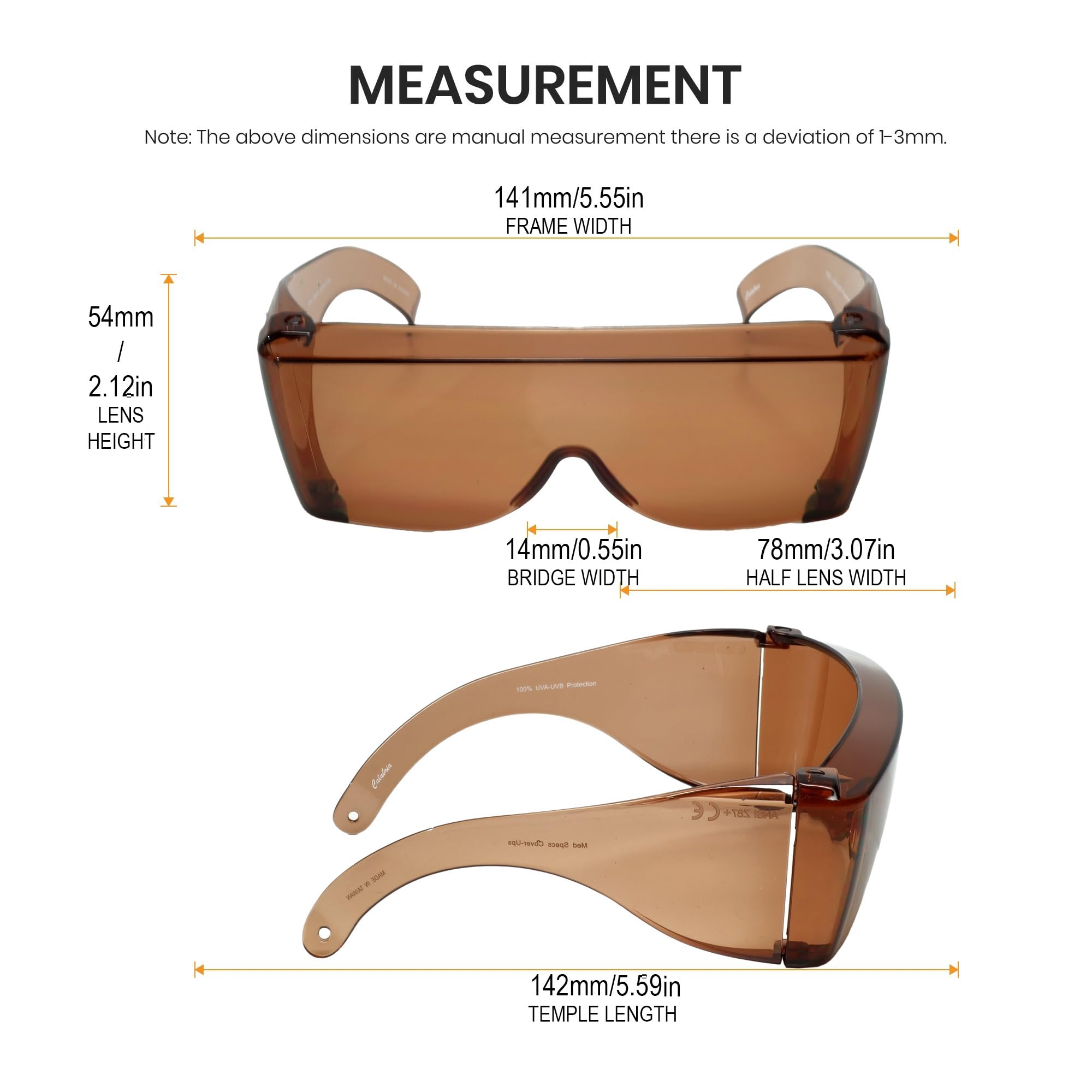 Calabria 3000 gafas de seguridad grandes Fitover sobre gafas graduadas | 100% protección UVA/UVB | patillas transparentes | cobre