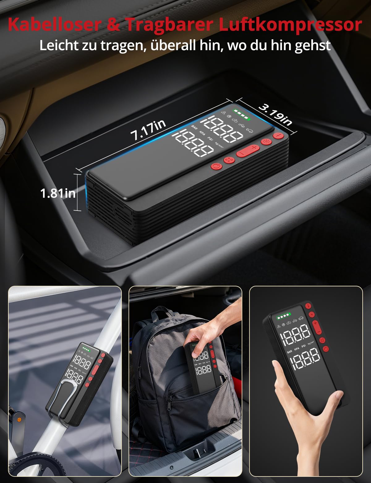 Demkia Gonfleur Pneus Voiture sans Fil, 10000mAh Mini Compresseur à Air Portatif, Portatif Gonfleur Electrique, 150 PSI avec Écran Numérique et Éclairage LED pour Vélo, Voiture, Moto, Ballon