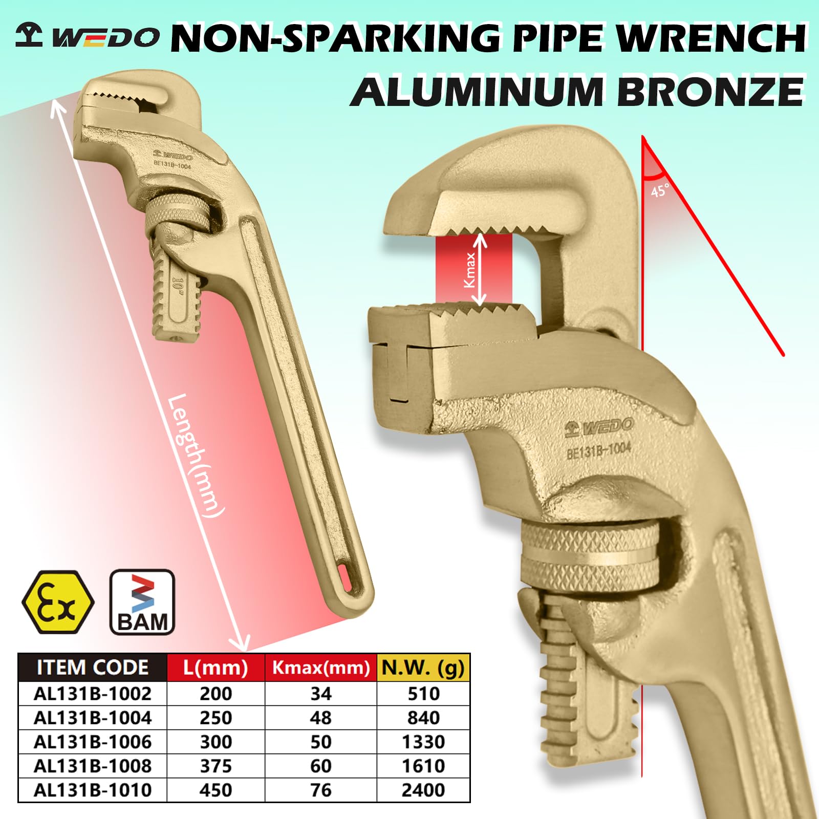 WEDO Non-Sparking 15 Inch End Pipe Wrench,Spark-Free 45 Degree Offset Pipe Wrench,Length 375mm,Adjustable Wrench,Jaw Opening 60mm,Aluminum Bronze,Corrosion-resistance,DIN Standard,BAM&FM Certificate