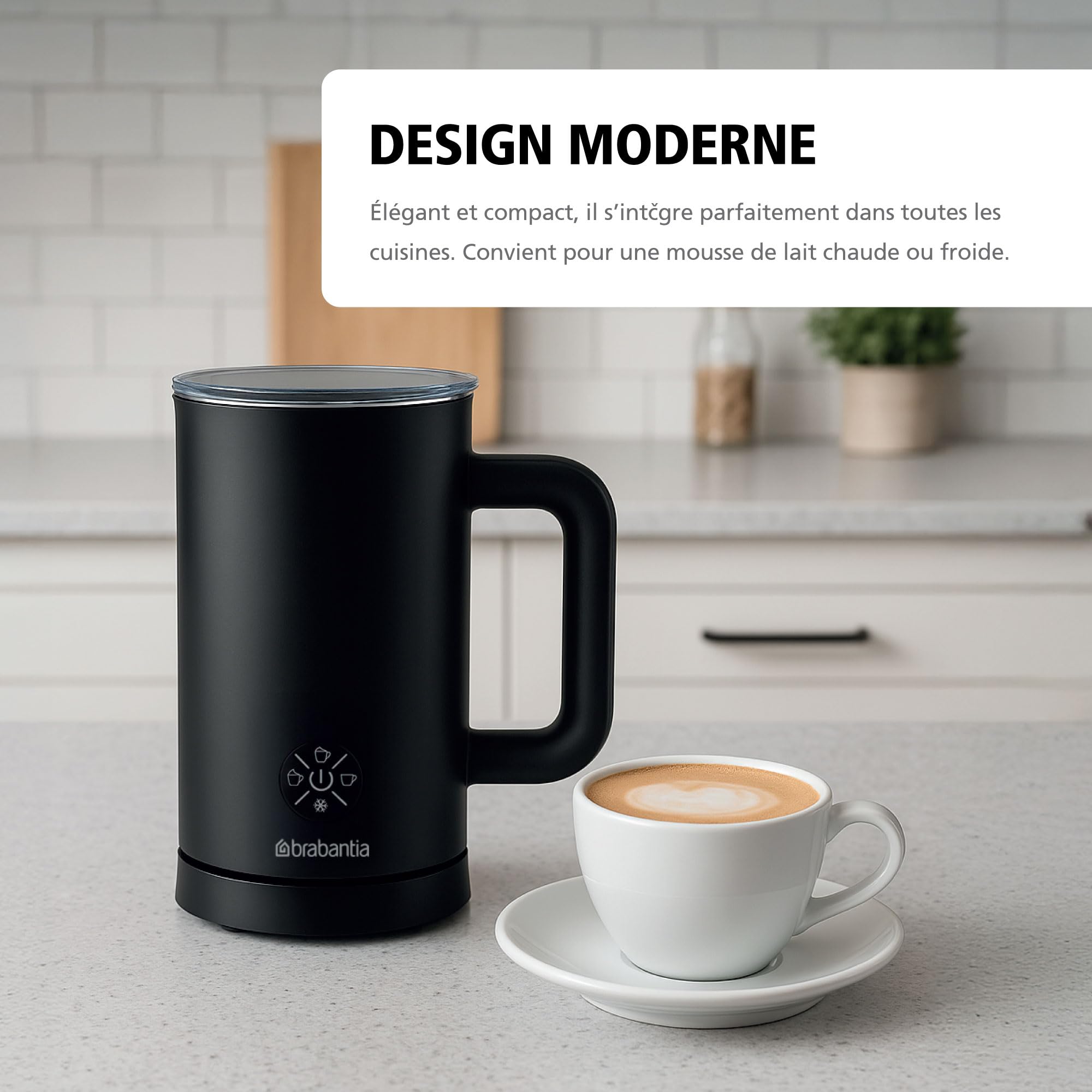 Frother Électrique Brabantia, 4-en-1, 300 ml, Moussage Chaud et Froid, Sans BPA ni PFAS, Cappuccino, Latte, Café Glacé, Chocolat Chaud, Noir, BBEK1048