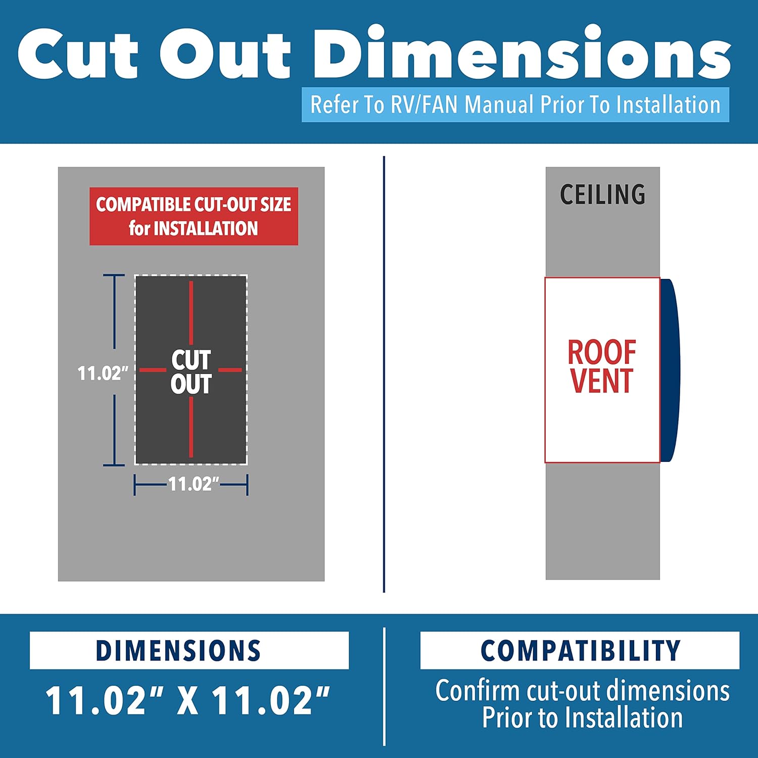 11" x 11" RV Roof Vent Fan With 12V Manual Riser Reversible Manual Lift with Black Lid