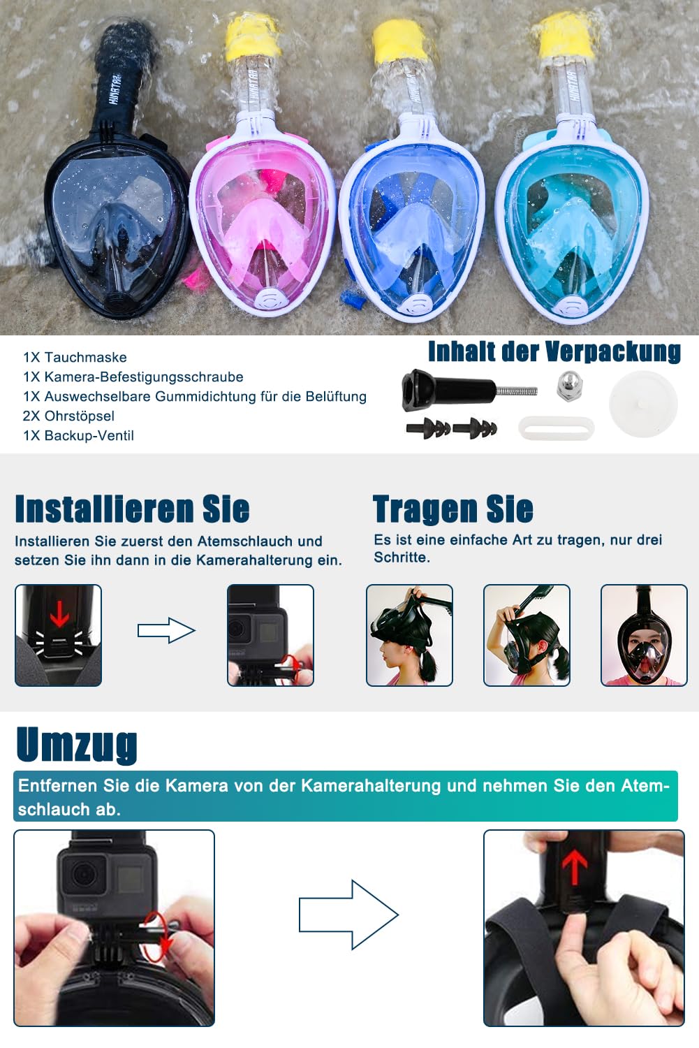 Schnorchelmaske, 180° Vollgesicht, Tauchmaske, freies Atmen, Anti-Beschlag- und Anti-Leck-Technologie mit verstellbaren Kopfbändern für Erwachsene, Jugendliche, Kinder