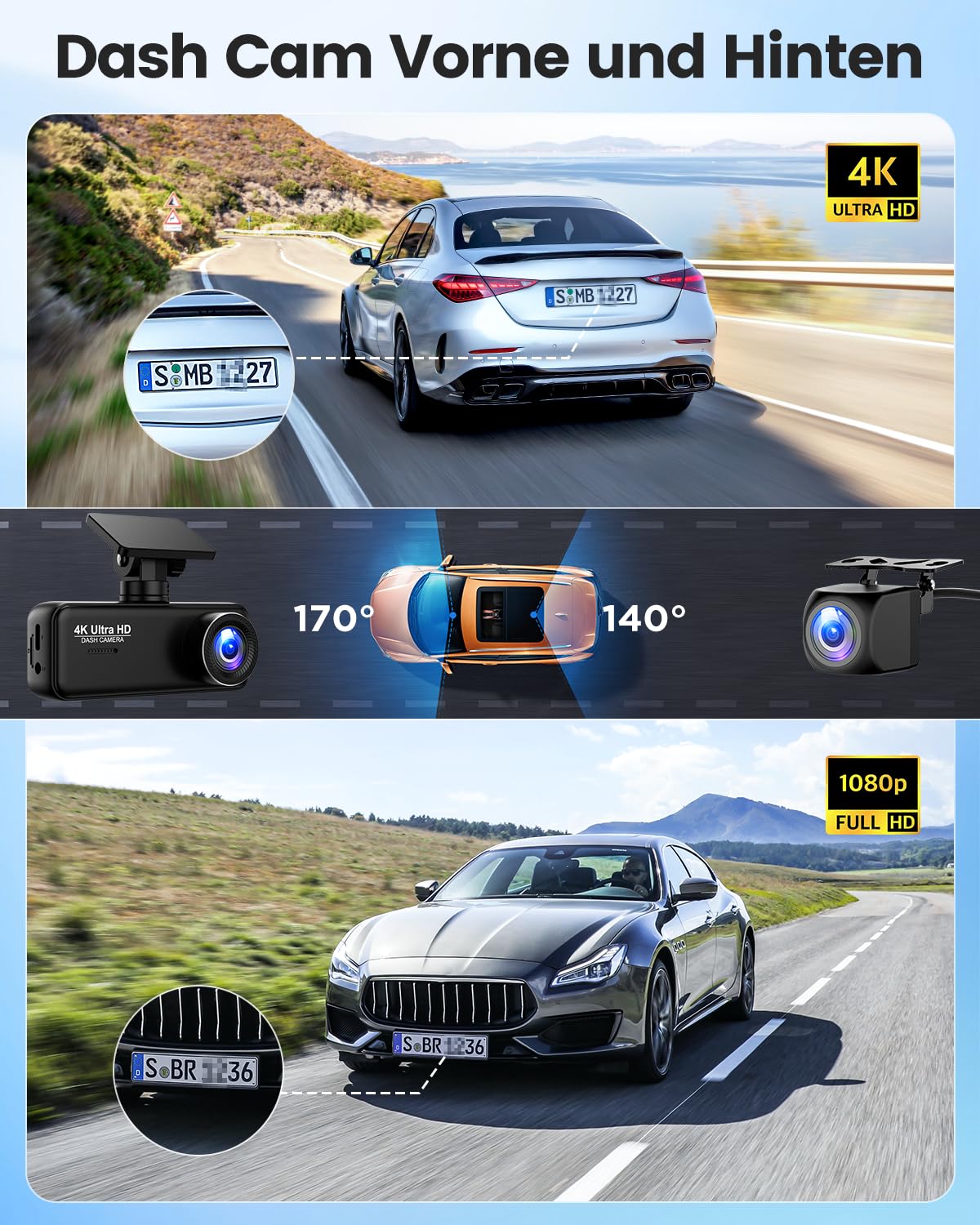 Dashcam Auto 4K+1080P SIGRILL Dashcam Auto Vorne Hinten, WiFi Dash Cam APP Steuerung, kostenlose 64-GB-Karte, Ultra Nachtsicht Daschcam, 24H Parkmodus, G-Sensor, Loop-Aufnahme, Max 256GB