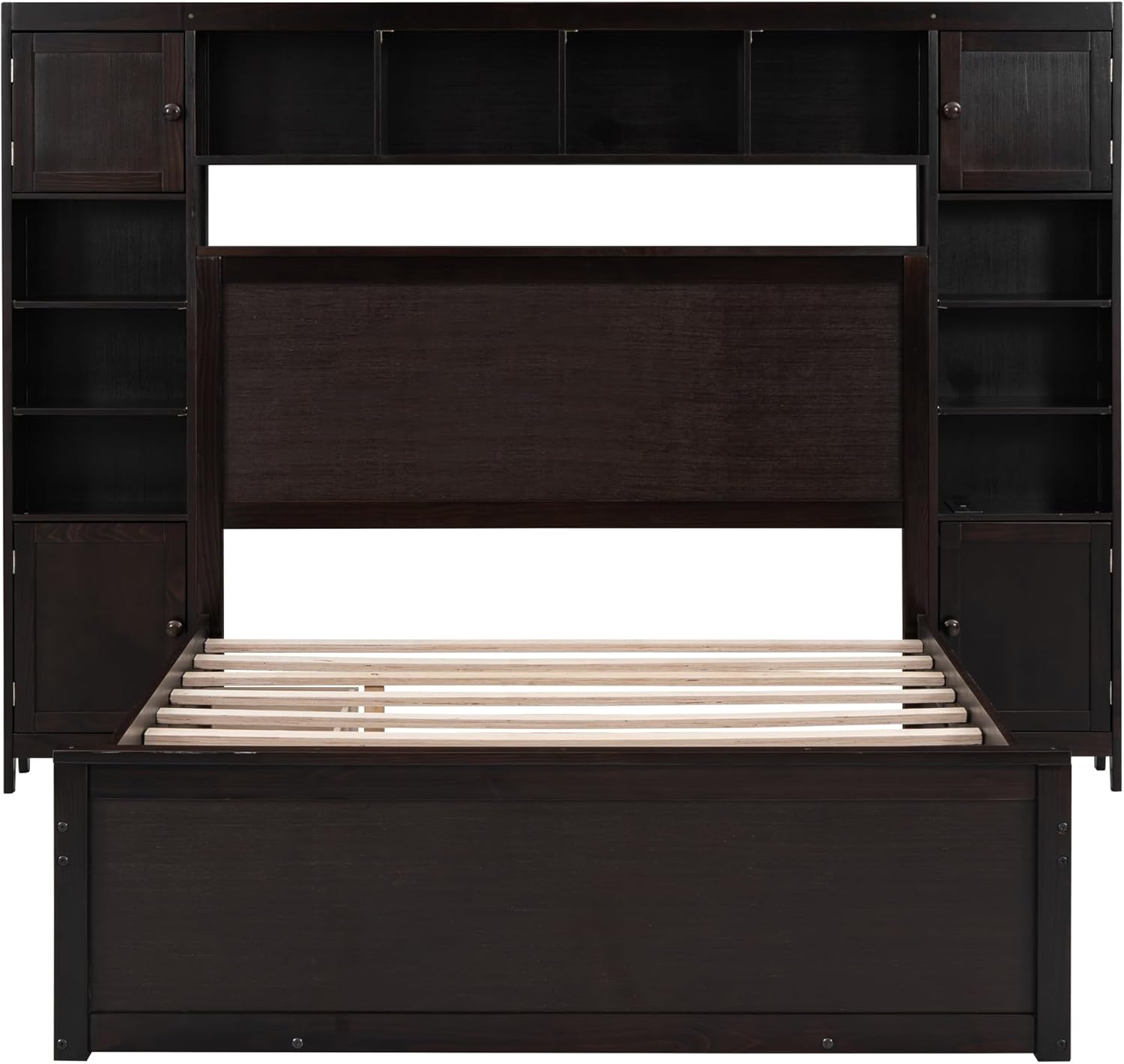 Versatility Full Size Platform Bed with All-in-One Vertical Cabinet and Bookcase, Solid Wood Platform Bed with 2 Drawers and Trundle, No Box Spring Needed (Espresso-F8)
