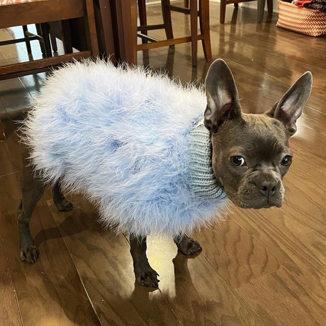 Fluffy Dog Sweater for Small Medium Dogs – Feather Look Knit Pet Outfit for Winter, Party, Photoshoot & Holiday Wear (Sky Blue,M)