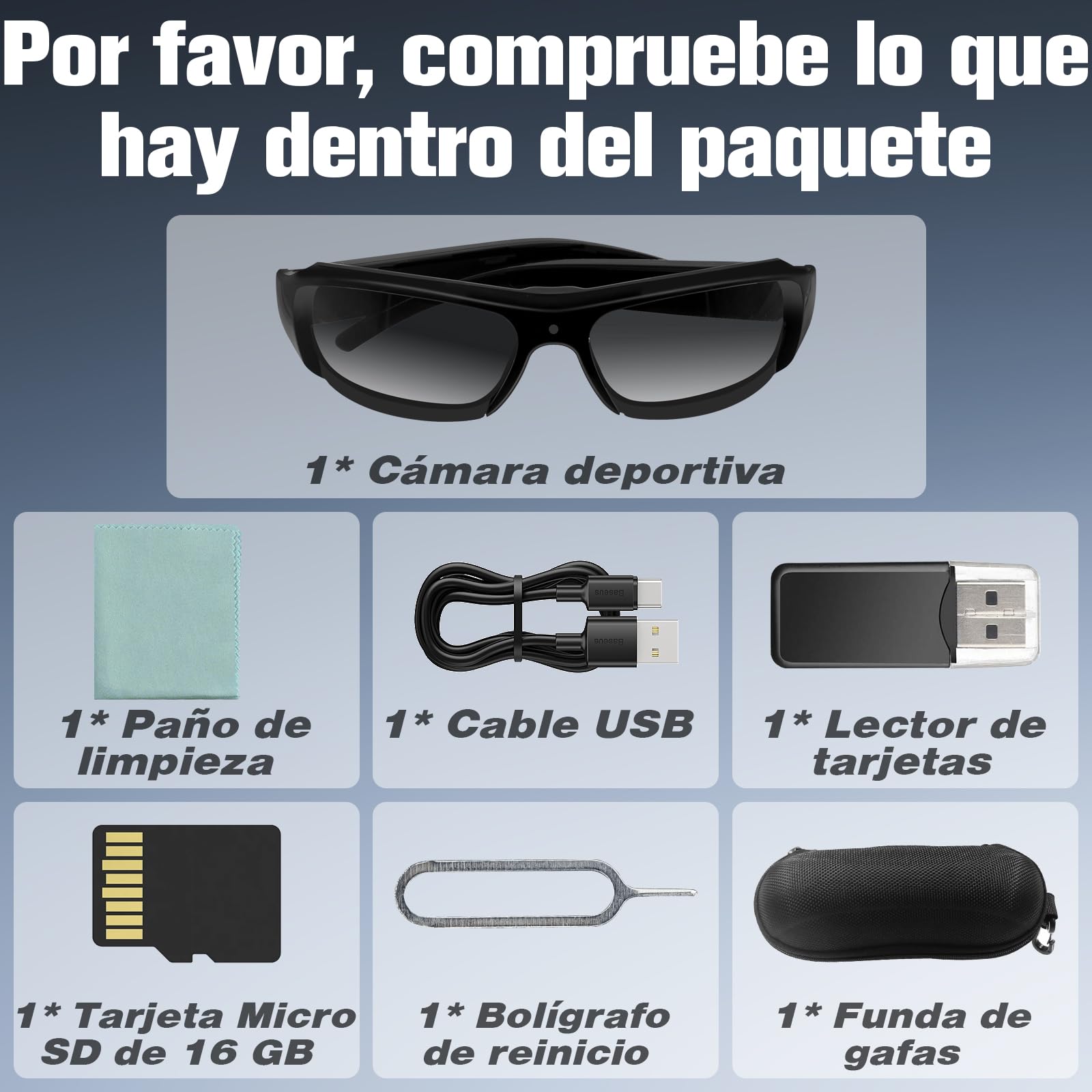 Gafas de Sol con Cámara de Acción HD1080P, Gafas Deportivas Cámara FPV, 100 Minutos de Duración, Tarjeta MicroSD 16GB, Senderismo, Camping, Pesca y Actividades Outdoor
