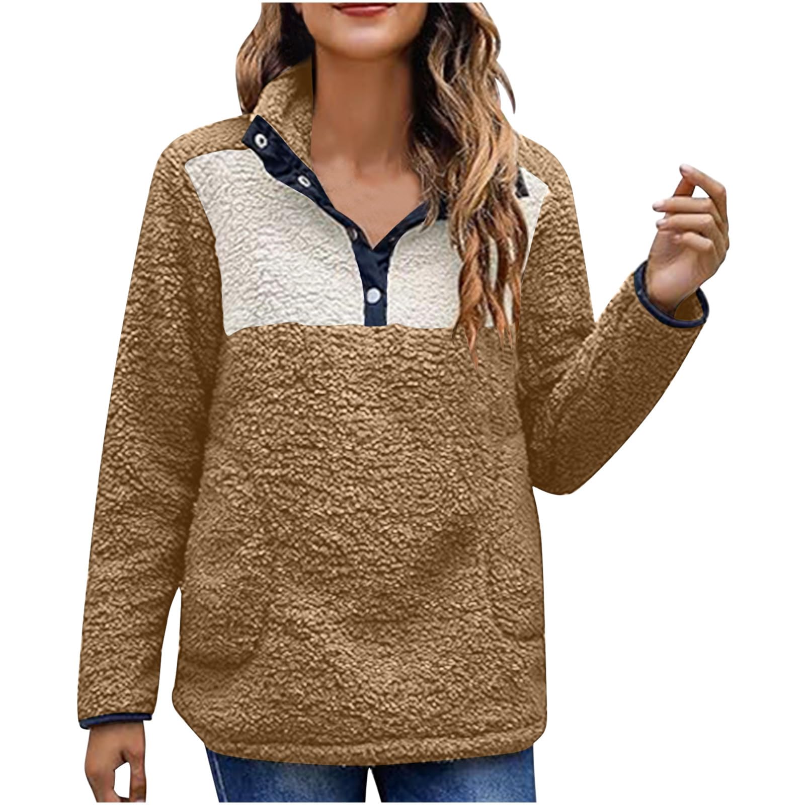 Womens Fuzzy Fleece Pullover Sweatshirt Long Sleeve Stand Collar Button up Sherpa Jacket Casual Warm Fall Winter Tops