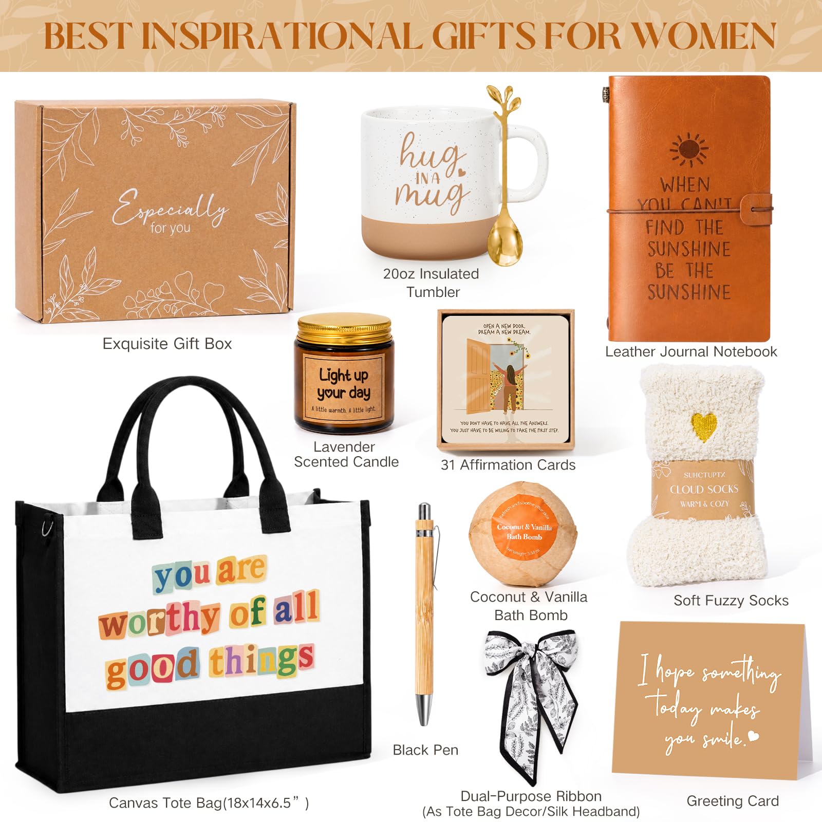 Suhctuptx Inspirational Gifts for Women, Birthday Gifts for Women, Motivational Encouragement Gifts Cheer Up Christmas Ideas with Affirmations Cards Tote Bag Mug for Her Sister Best Friend Coworker
