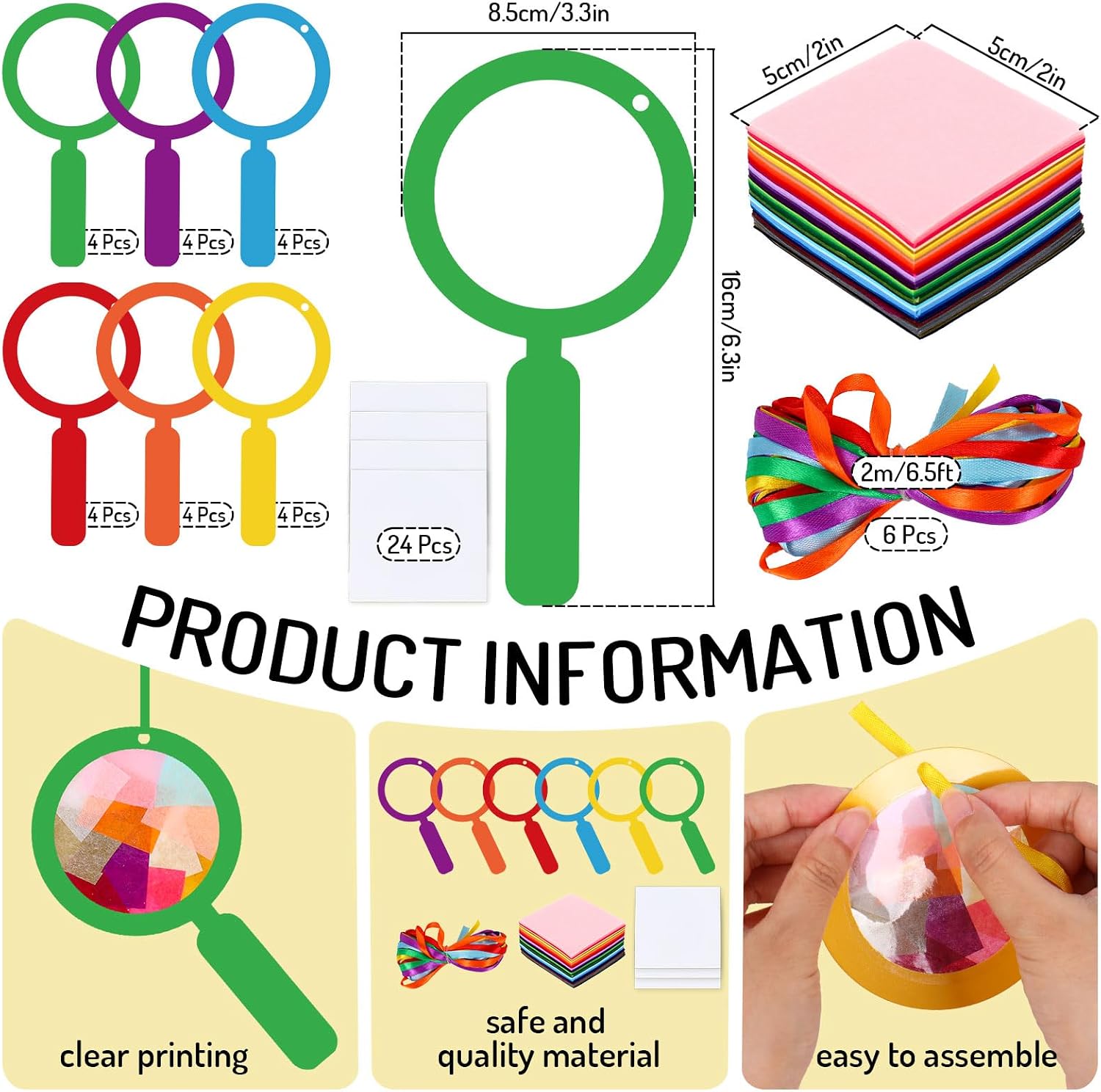 JarThenaAMCS 24 Sets Magnify Suncatchers Craft Kits DIY Magnifying Glass Shape Tissue Paper Craft Set with Paper Cutout Sticker String for Church Christian VBS Sunday School Window Art Decor