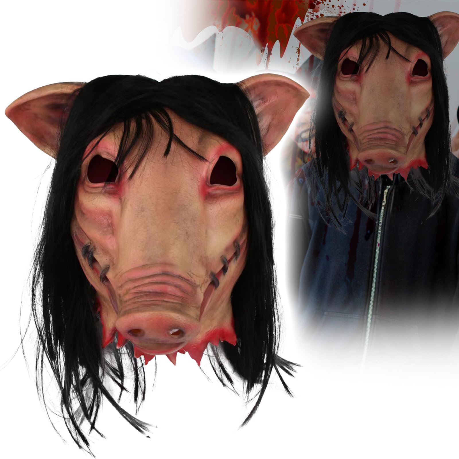 AENEY Scary Puppet Halloween Mask Horror Full Head with Hair, Creepy Party Cosplay Costume Props (Pig-1), Saw Pig-1, 2 x 5 x 5 pulgadas - Image 2