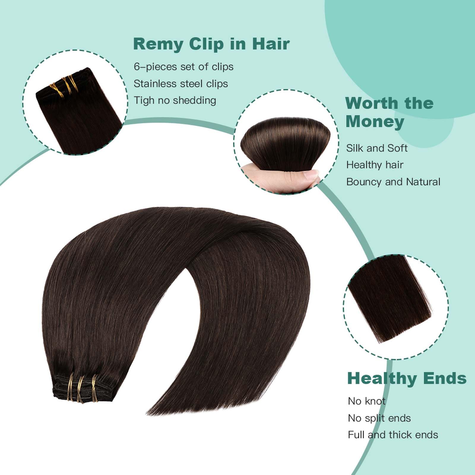 VINBAO Clip in Hair Extensions Real Human Hair Dark Brown Hair Extensions Clip ins Brown 14 Inch 100g Hair Extension for Women Silky Straight Invisible Human Hair Clip in Extensions 6pcs (#C2 - Image 4