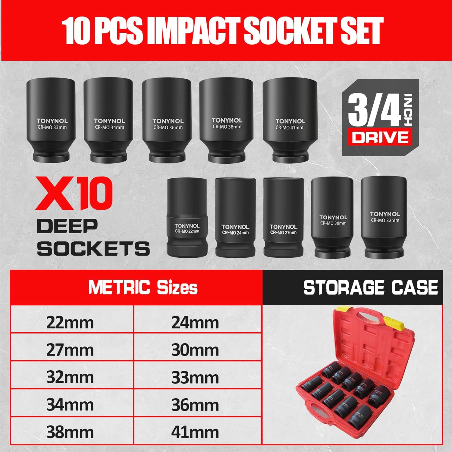 TONYNOL 3/4 Inch Drive Deep Impact Socket Set,6-Point,Metric Size(22mm to 41mm),10 Pcs,Cr-Mo.Heavy Duty Impact Socket Set,With a Storage Case.