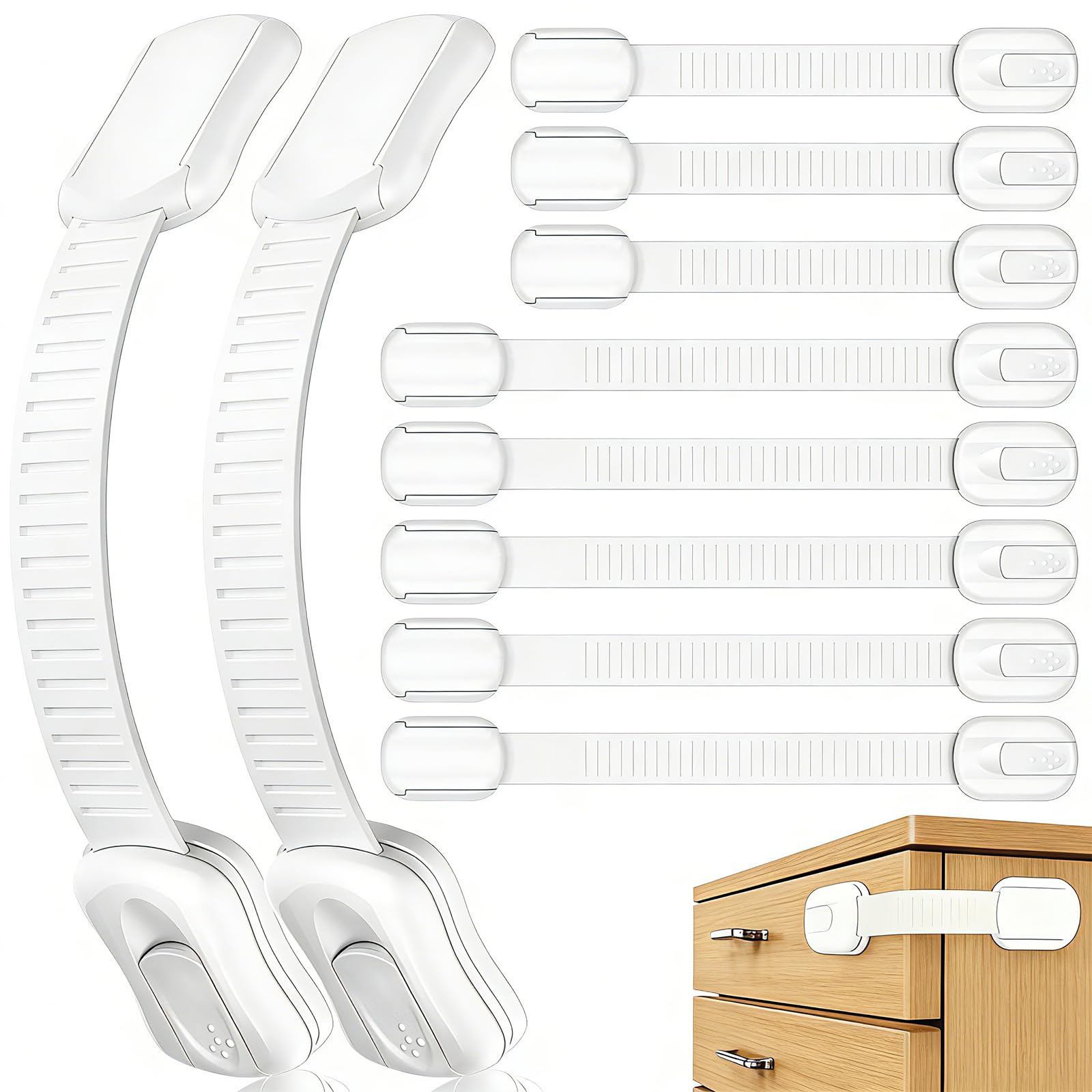 Kindersicherung Schrank 10 Stück, Schranksicherung Baby mit Starkem Kleber ohne Bohren, Verstellbar Länge, Schubladensicherung für Kinder Sicherheit Schloss Schranktür Kühlschrank, Weiss - silttble