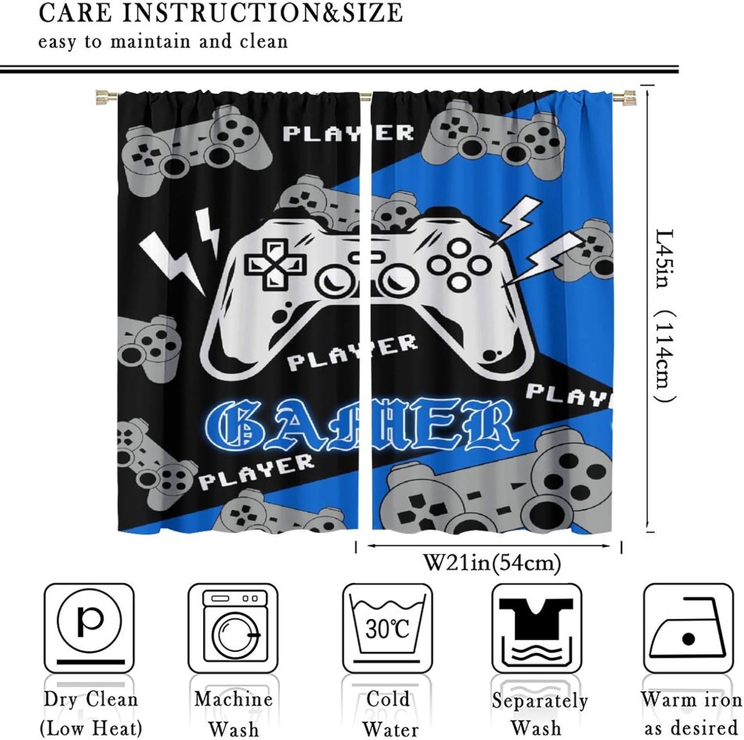 Gaming Curtains for Boys Bedroom Kids Gamer Room Decor Curtain Teens Black and Red Video Game Controller Window Treatments Drapes,Blue 42x45 Inch