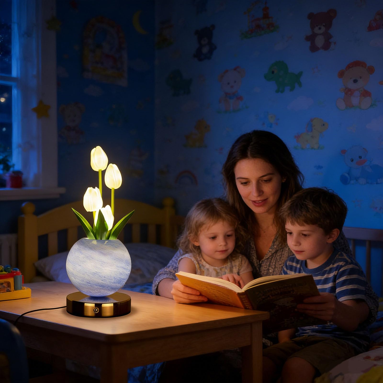 Biały tulipan lampa LED 3-kolorowa ściemniana planeta lampka nocna ładowalna bezprzewodowa tulipan lampa stołowa do pokojów dziecięcych i salonów romantyczny prezent balkon obszar rekreacyjny