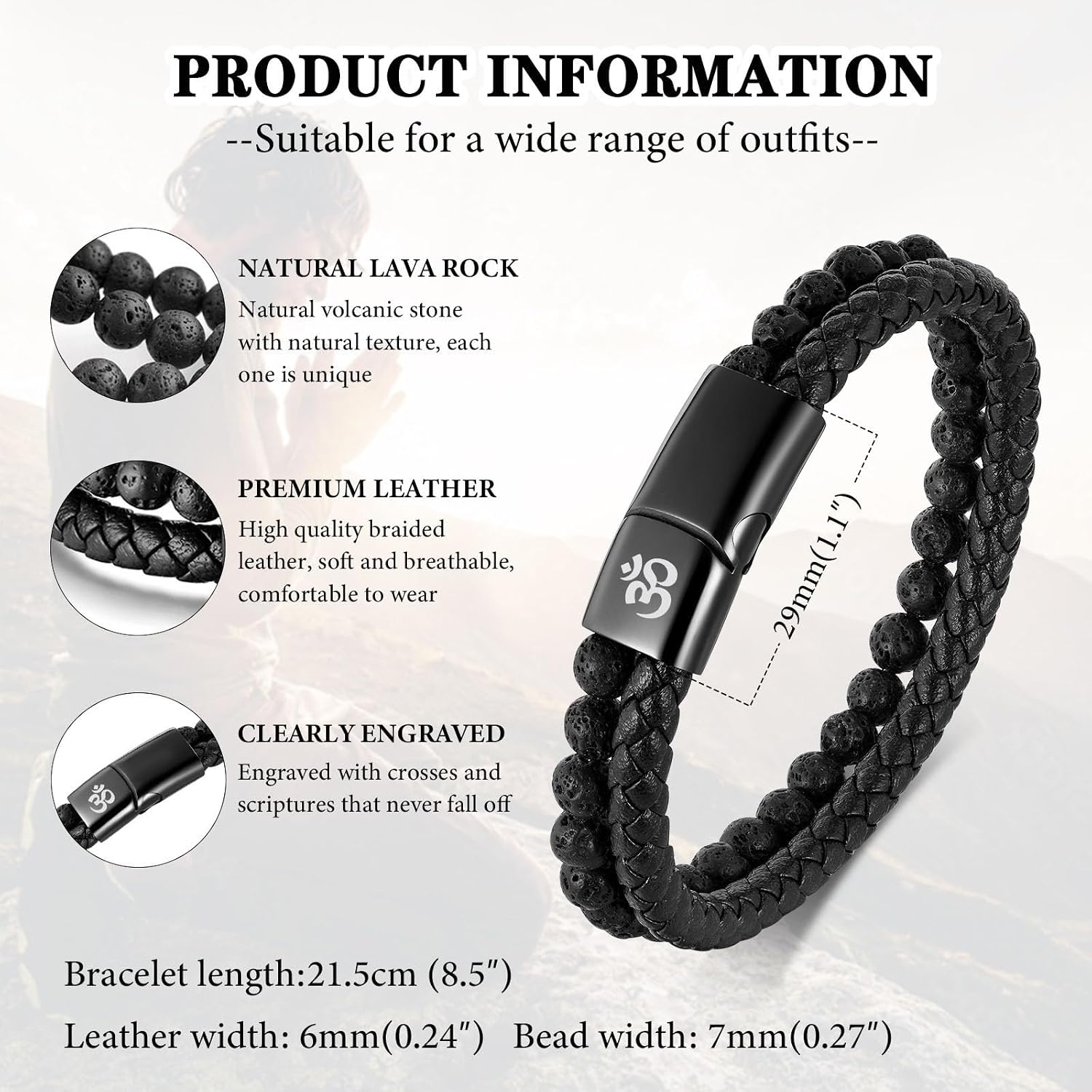 MEALGUET Men's Lava Rock Bracelet Healing Balancing Braided Leather Bracelets with Magnetic Clasp, 2 Layered Symbol Cuff Bracelets, 8.4"