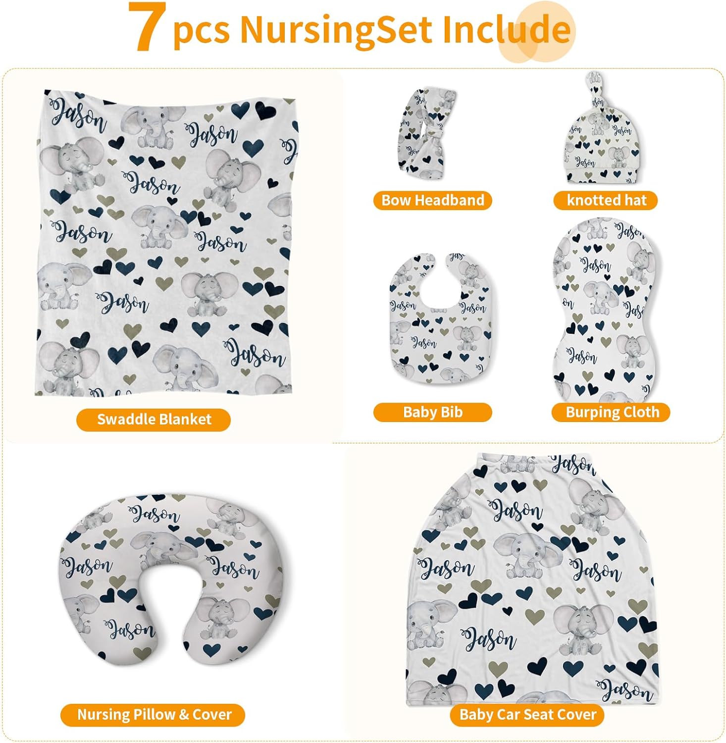 Custom Baby Nursing Swaddling Set: Personalized Custom Name Elephant Swaddle Blanket Car Seat Cover Bow Headband Hat Nursing Pillow for Newborn Boy Animals Love Heart Pattern