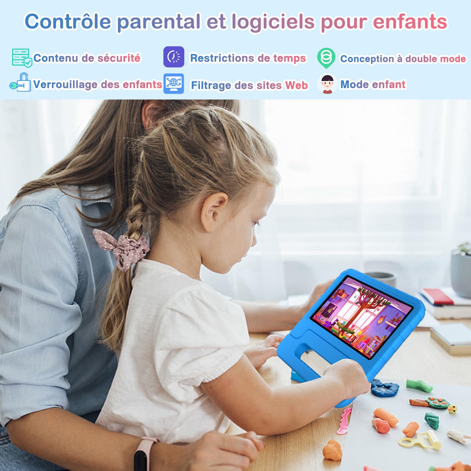 Tablette pour 7 Pouces Android Tablette Enfants avec 10GB+64GB(TF 1TB),Kids Tablette Tactile Octa-Core,Éducative Apps Pré-Installé,Contrôle Parental, WiFi 6, BT5.0,Cas EVA - Bleu