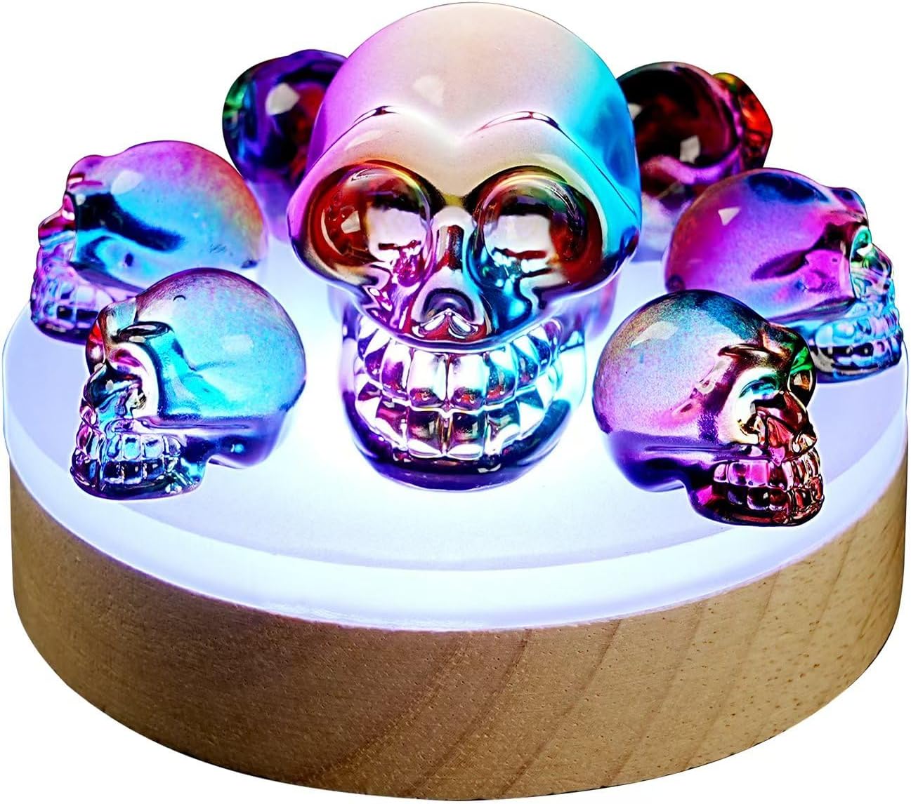 Crystal Skull Night Light with K9 Rainbow Skull , RGB LED Lighting &Wood color design Base Gift Box 7 Vibrant Color Changes,Gift for Halloween, Christmas, and Home Decor 6+1 Rainbow Crystal Skull