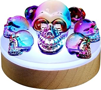 Crystal Skull Night Light with K9 Rainbow Skull , RGB LED Lighting &Wood color design Base Gift Box 7 Vibrant Color Changes,Gift for Halloween, Christmas, and Home Decor 6+1 Rainbow Crystal Skull