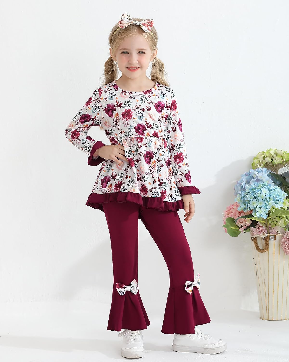 Toddler Girl Clothes Fall Outfit Floral Top Flare Pants Set 1-7Y image 2