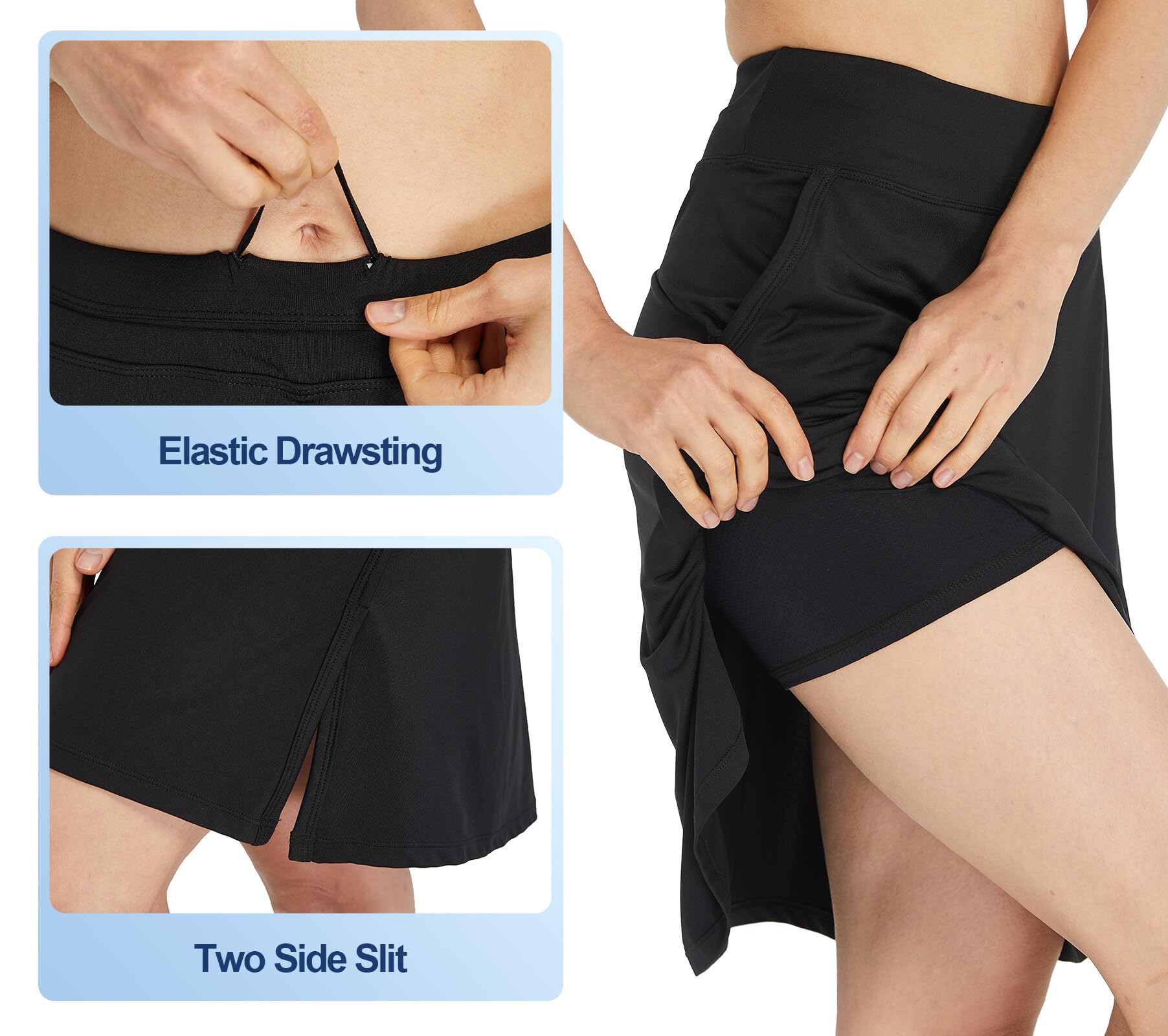 Jupe Short Femme Longue Été Skort Jupes de Golf avec Short Intérieur Taille Haute Course Jupe-Short de Tennis avec Poches Jupe de Randonnée B-Noir XL