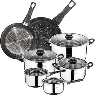 SAN IGNACIO Batterie de cuisine 8 pièces en acier inoxydable avec set de poêles (24 et 28 cm) en aluminium pressé, induction
