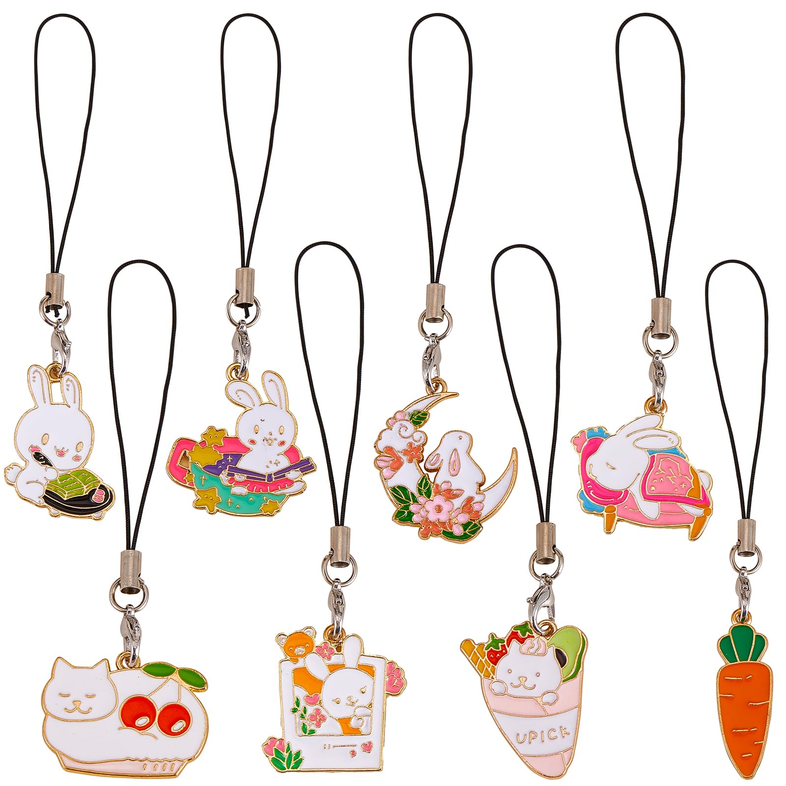 BEEFLYING 8Pcs Enamel Rabbit Phone Strap Charms Pendants Decoration Kawaii Cell Phone Bag Keychain Pendants