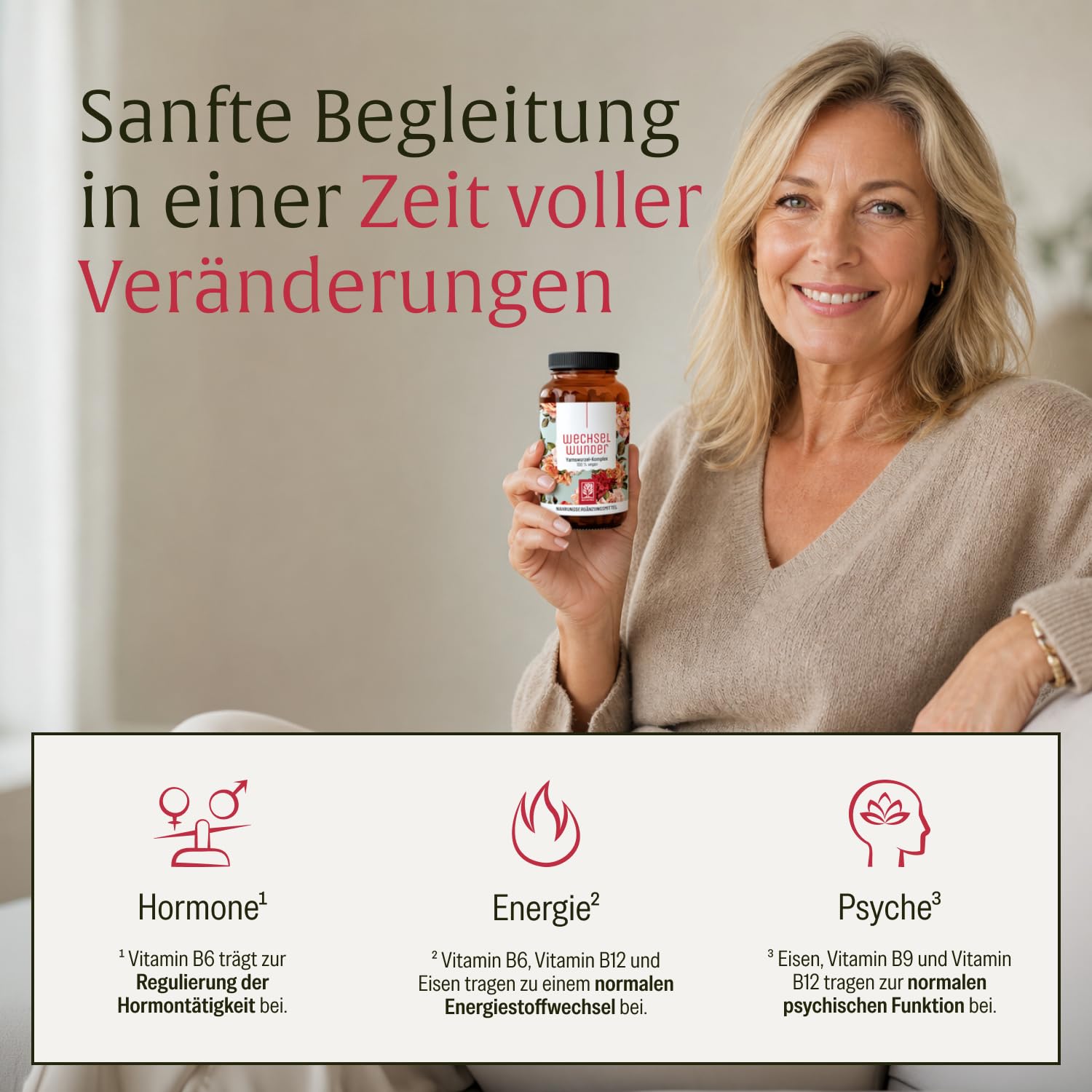 NATURTREU® WECHSELWUNDER - 500mg Yamswurzel mit 340mg Rotklee, Baldrian, Eisen, Vitamin B9 und B12 Kapseln hochdosiert - 90 Kapseln