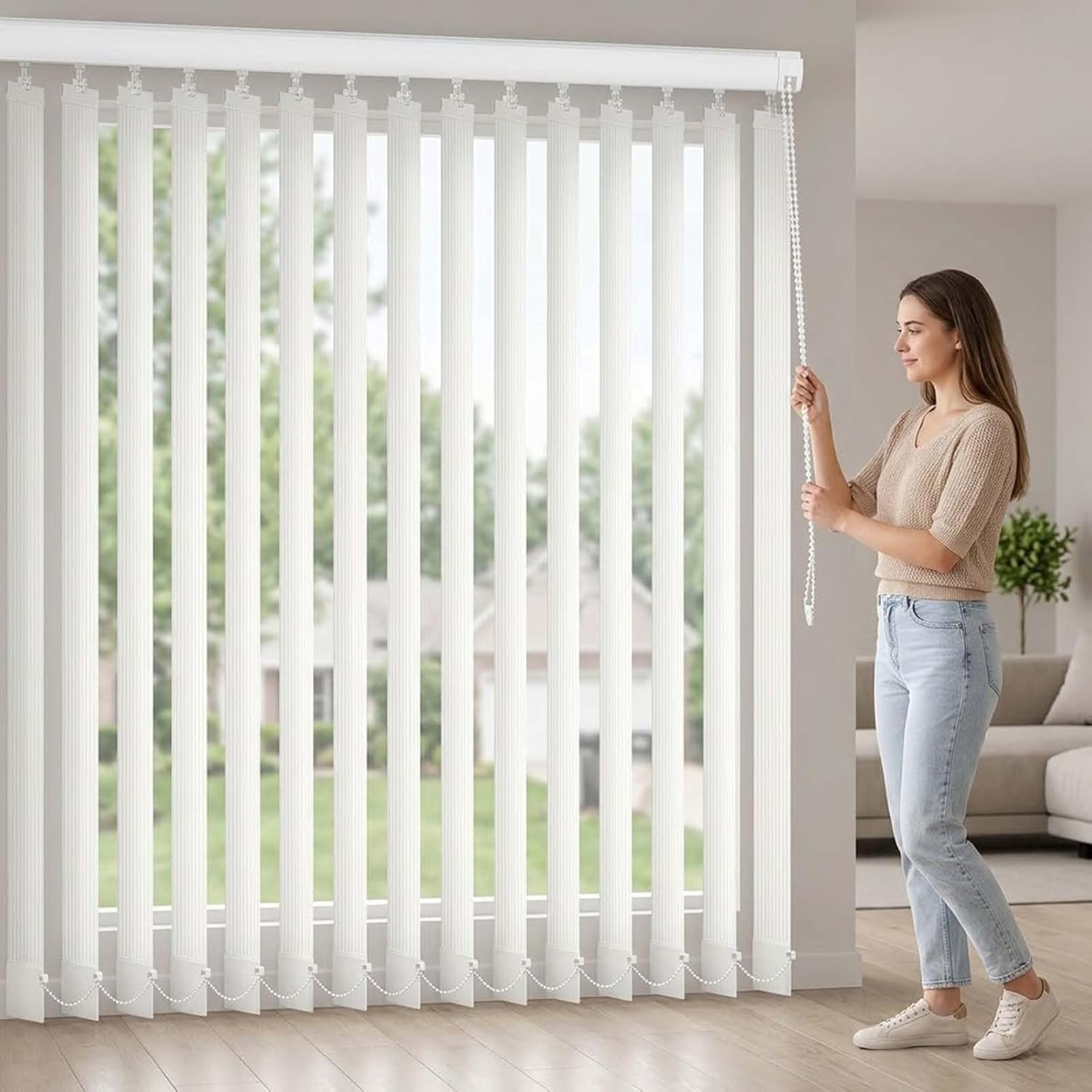 Vertical Blinds for Sliding Glass Doors 68" 78" 88" 98" 108" White Blackout Window Shades & Privacy Room Divider, Heavy Duty PVC Fabric Closet Cover Blinds, Cord & Chain(59" W x 106" H)