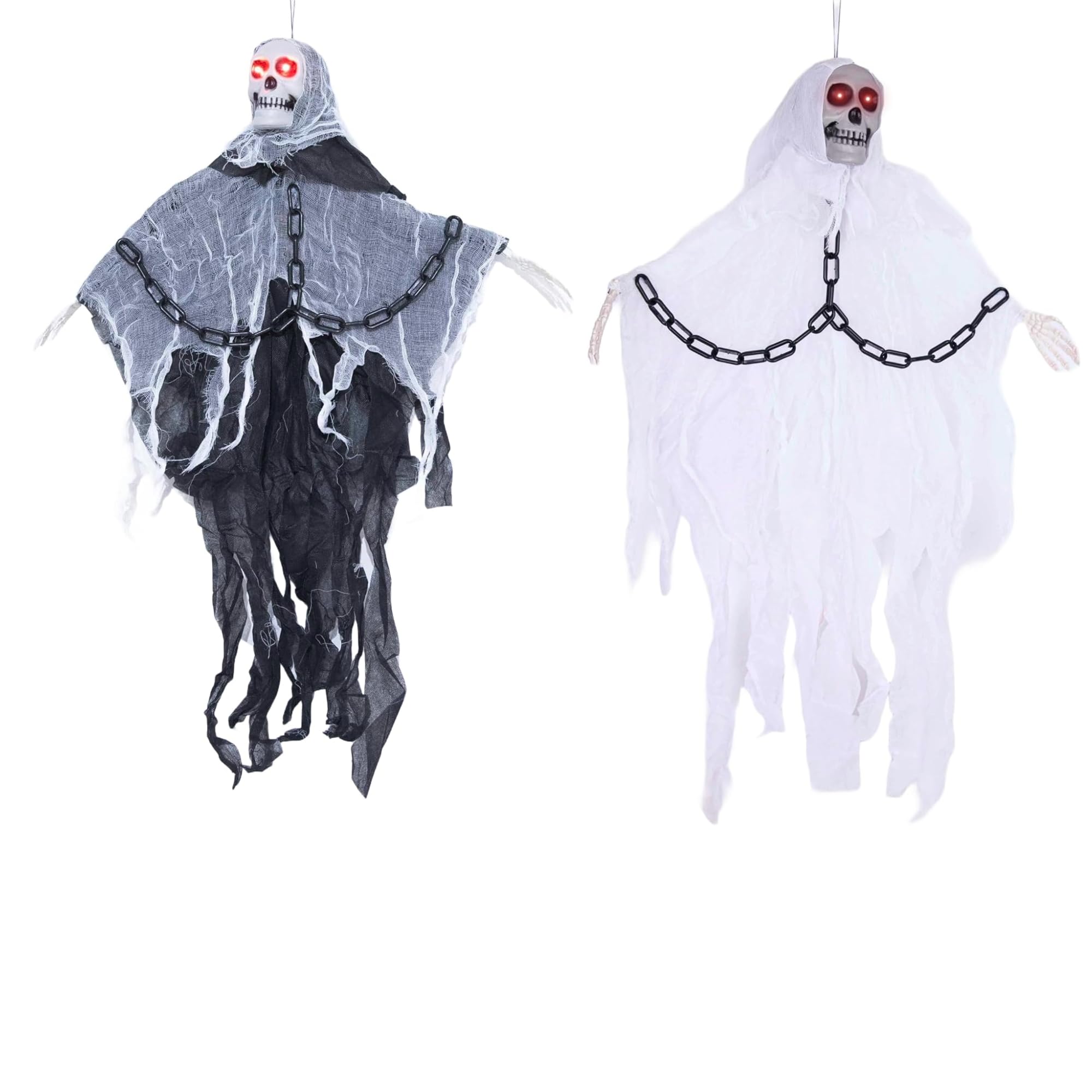 Shatchi Black & White 2Pcs 90Cm Led Flashing Eyes Skeleton In Chain Scary Sound Poseable Hands Flying Ghost Skull Halloween Hanging Decoration Grim Reaper Haunted House Prop Spooky